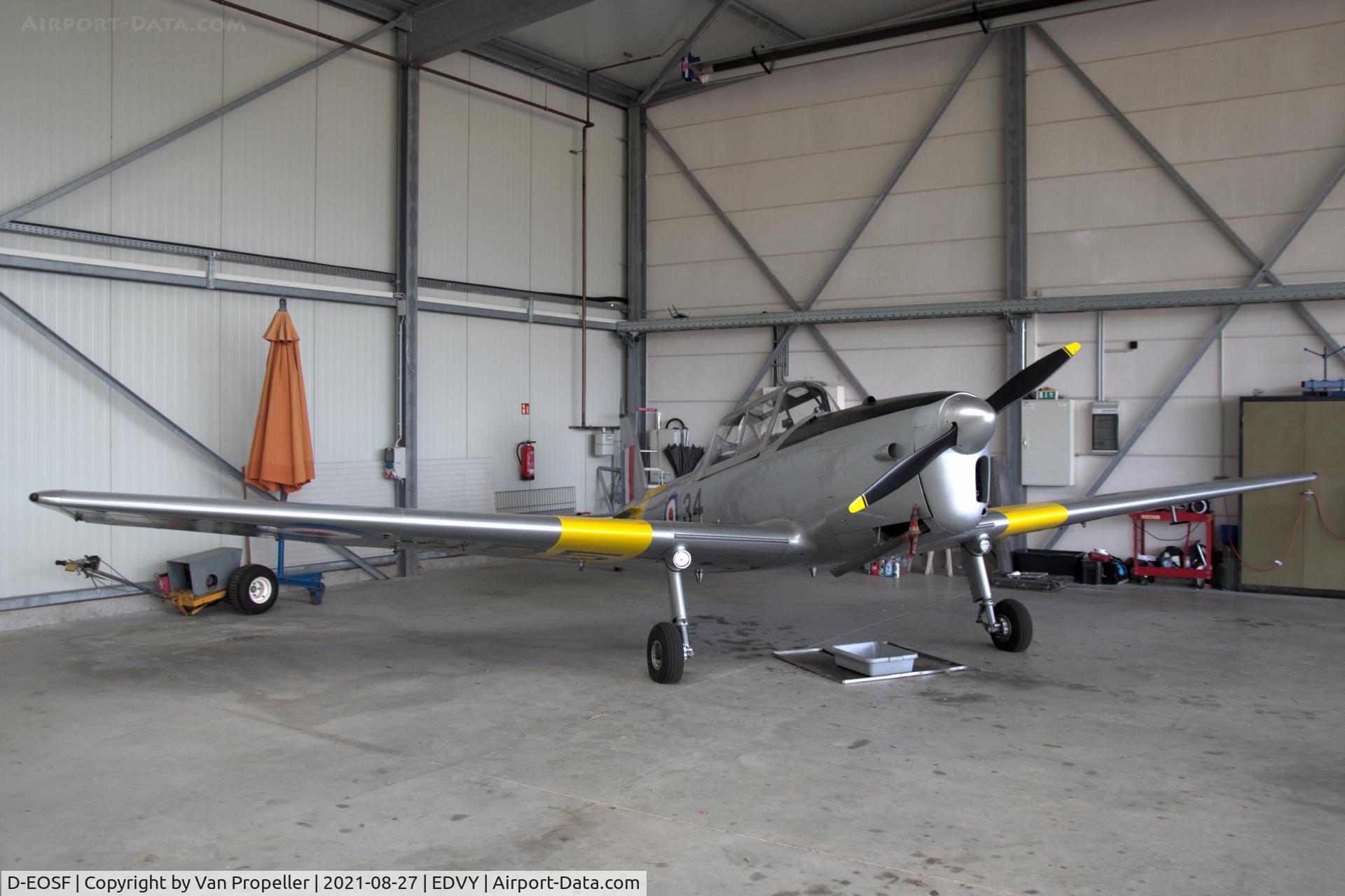 D-EOSF, 1950 De Havilland DHC-1 Chipmunk 22 C/N C1/0023, Chipmunk in a hangar at Porta Westfalica airfield, Germany