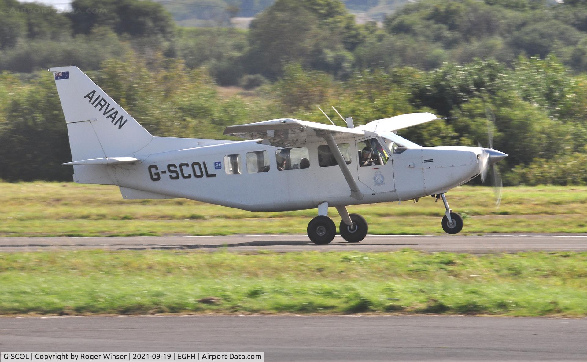 G-SCOL, 2006 Gippsland GA-8 Airvan C/N GA8-05-088, Visiting Airvan departing Runway 28 with a lift of Skydive Swansea skydivers.