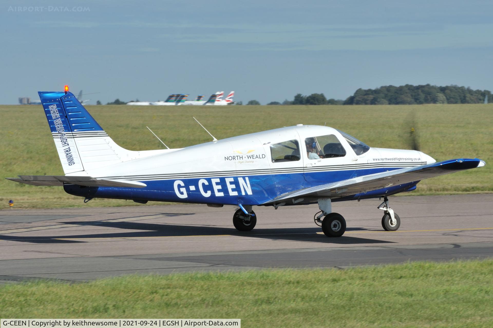 G-CEEN, 1990 Piper PA-28-161 Cadet C/N 2841293, Leaving Norwich for North Weald.