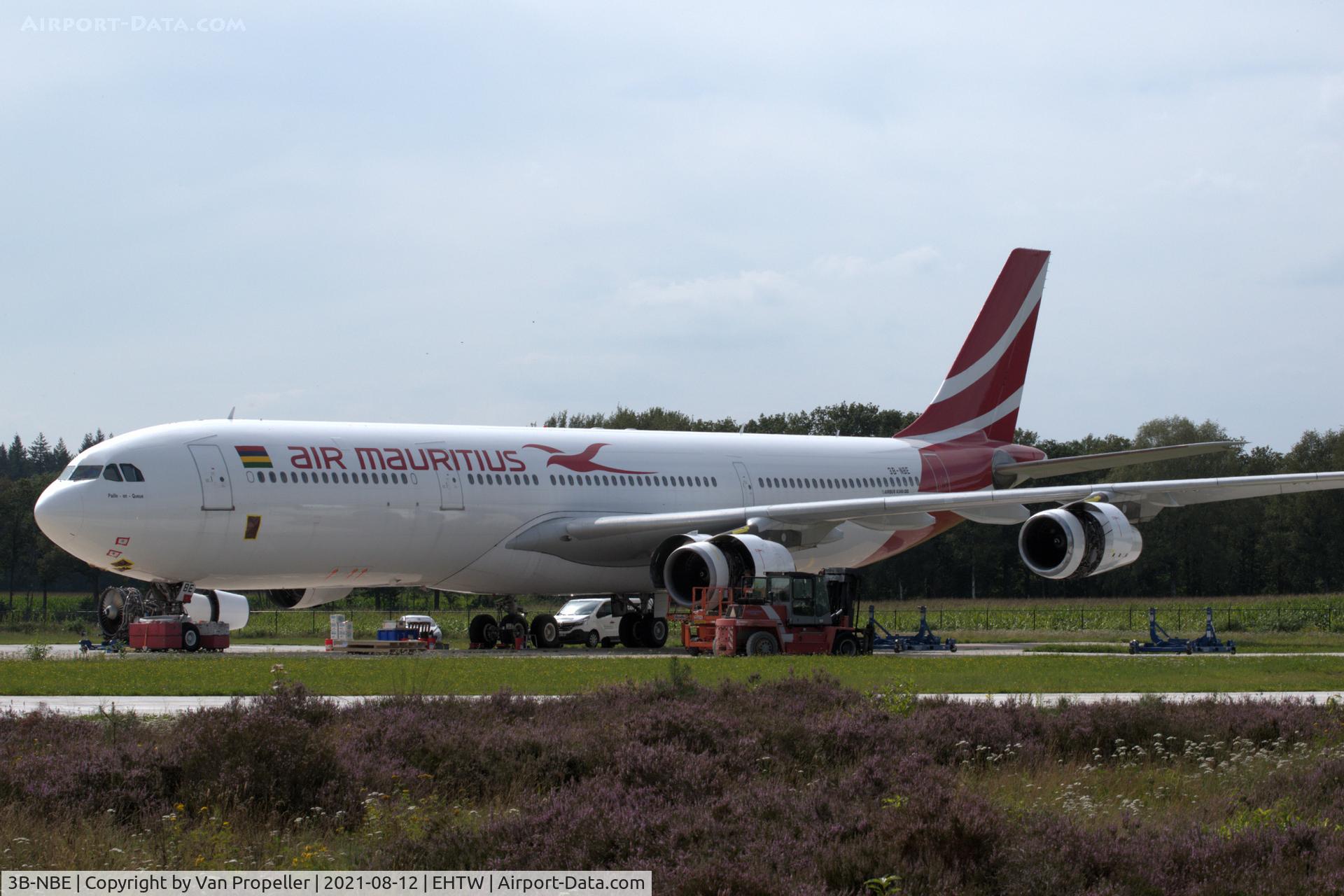 3B-NBE, 1999 Airbus A340-313 C/N 268, Air Mauritius Airbus A340-313 during engine removal before scrapping by AELS at Twente airfield, the Netherlands