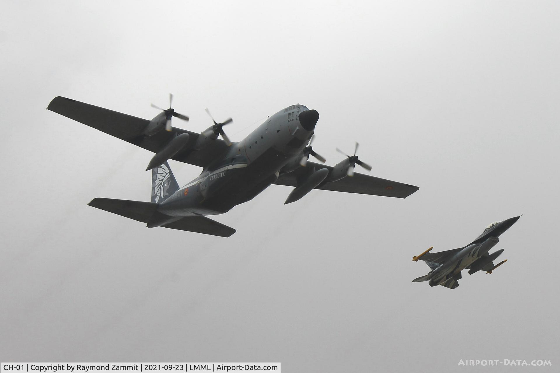 CH-01, 1971 Lockheed C-130H Hercules C/N 382-4455, Lockheed C130H Hercules CH-01 and Gen Dyn F-16AM FA-101 of the Royal Belgian Air Force flying in formation.