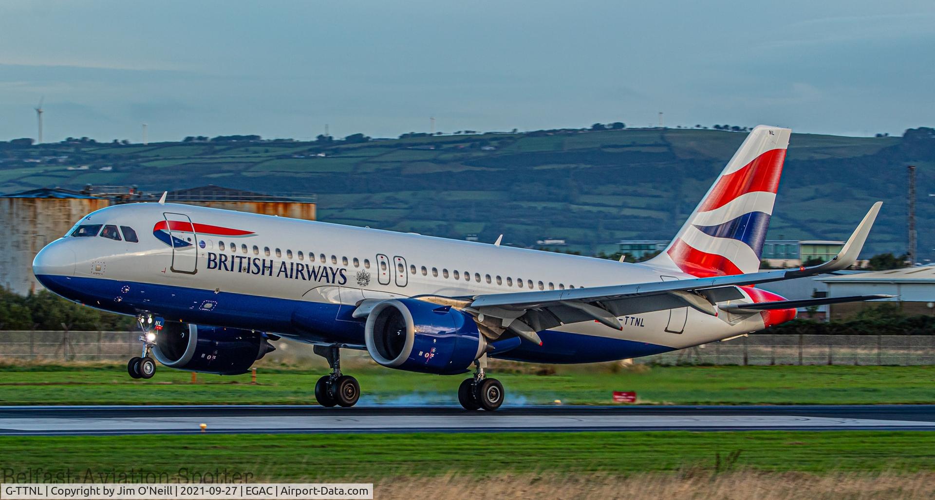 G-TTNL, 2020 Airbus A320-251N C/N 9585, A British Airways A320-251 touches down on runway 22 at Belfast City Airport