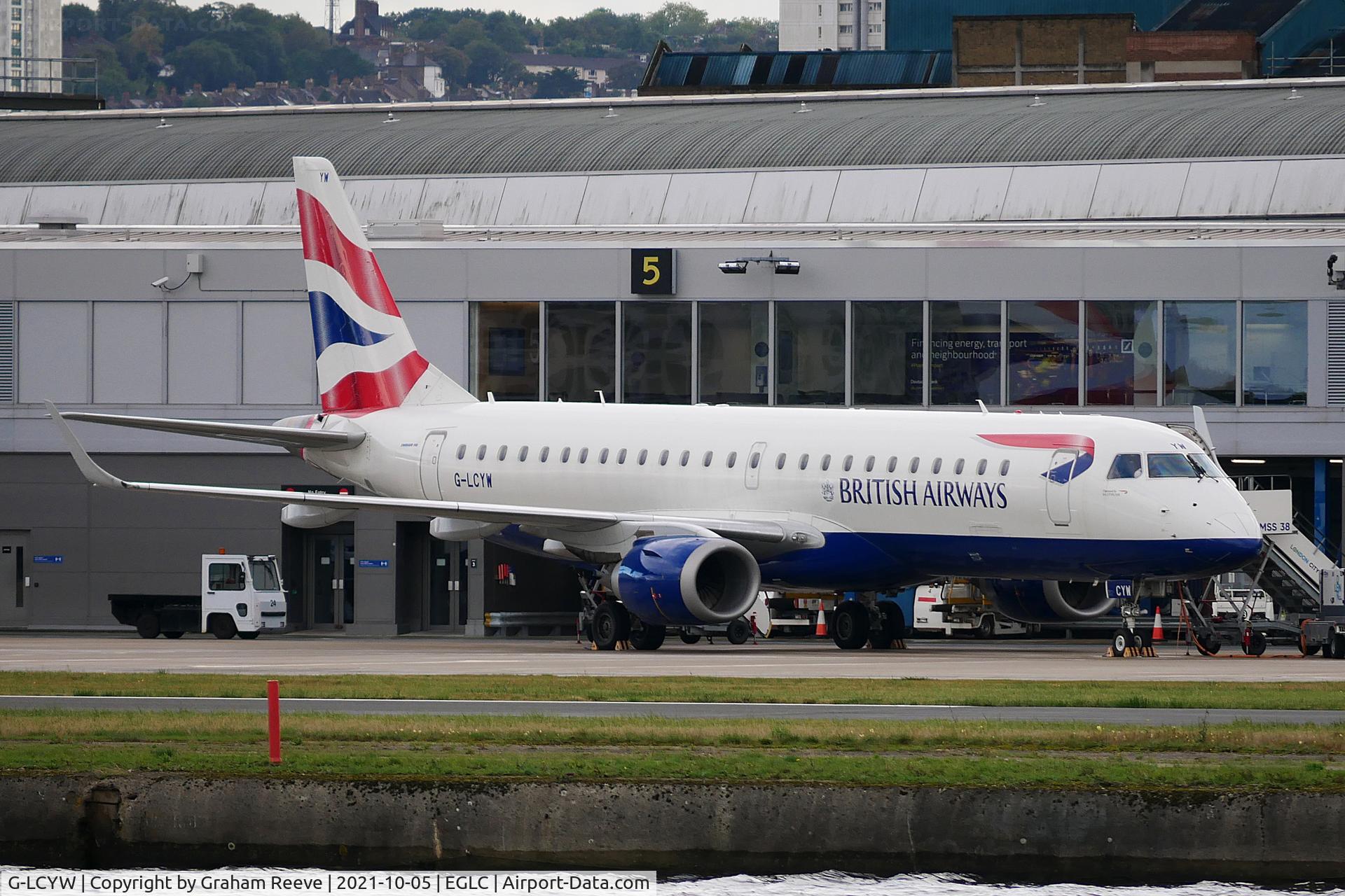 G-LCYW, 2008 Embraer 190SR (ERJ-190-100SR) C/N 19000163, On stand at London City.