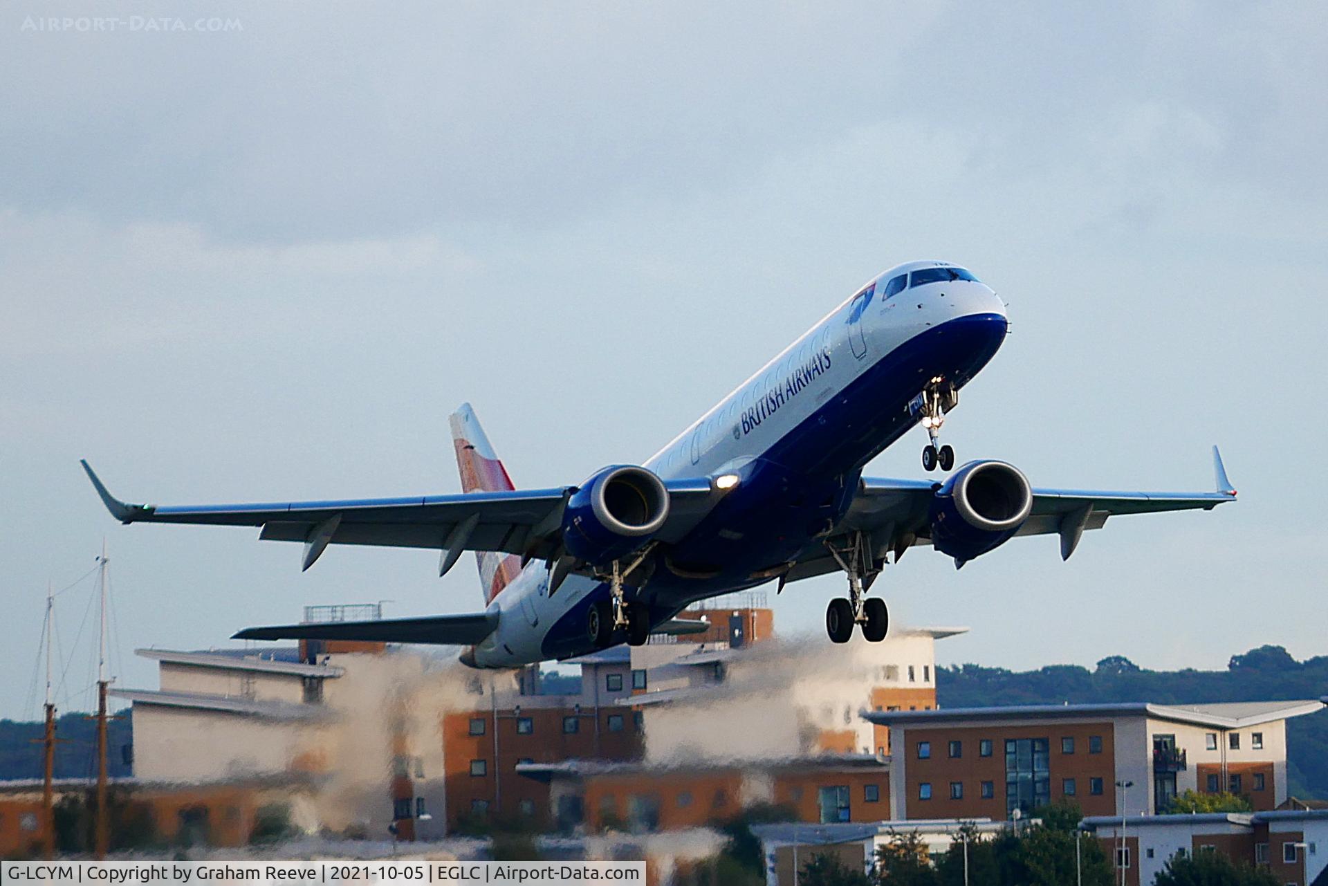 G-LCYM, 2010 Embraer 190SR (ERJ-190-100SR) C/N 19000351, Departing from London City.
