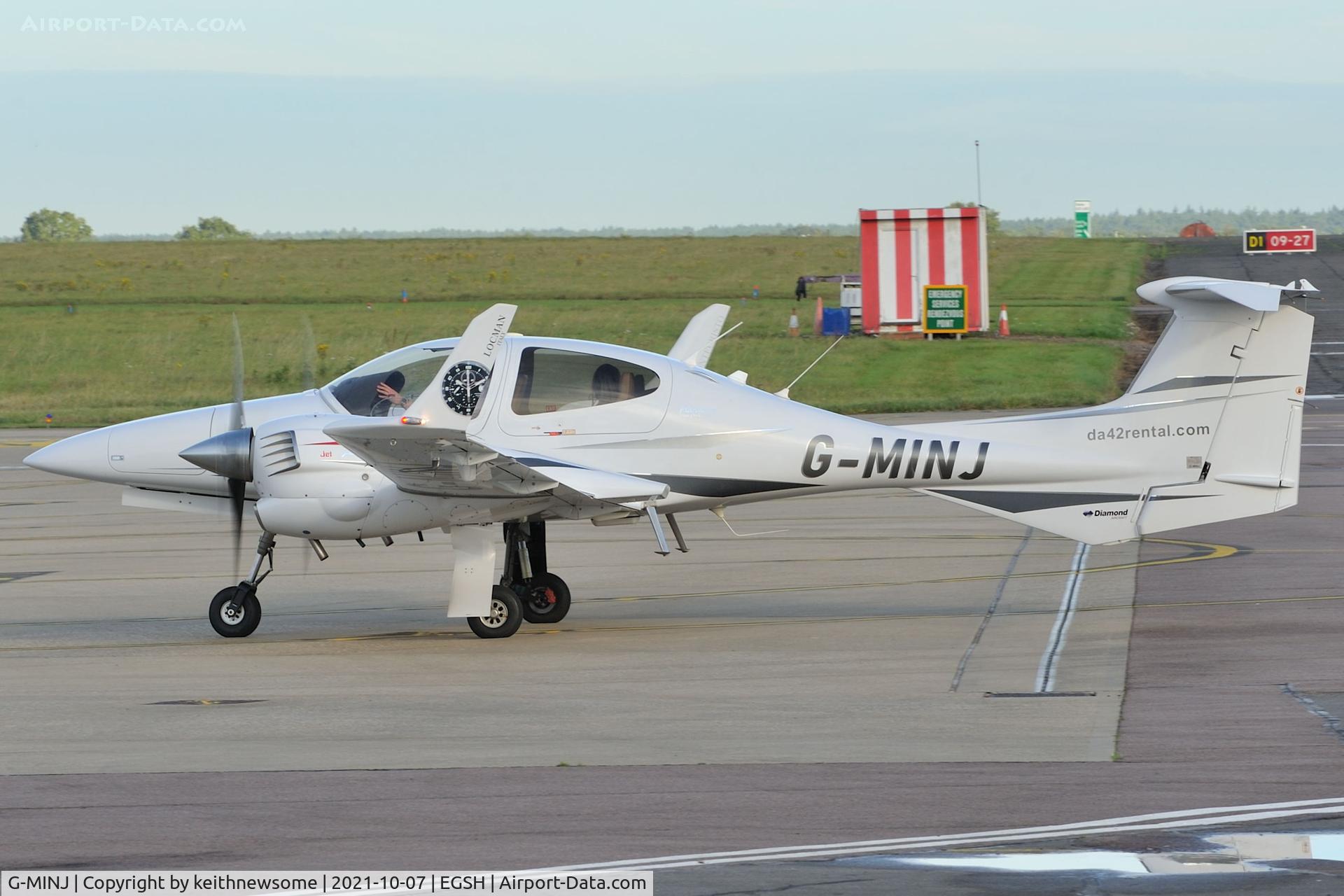 G-MINJ, 2007 Diamond DA-42 Twin Star C/N 42.246, Arriving at Norwich from Oxford.