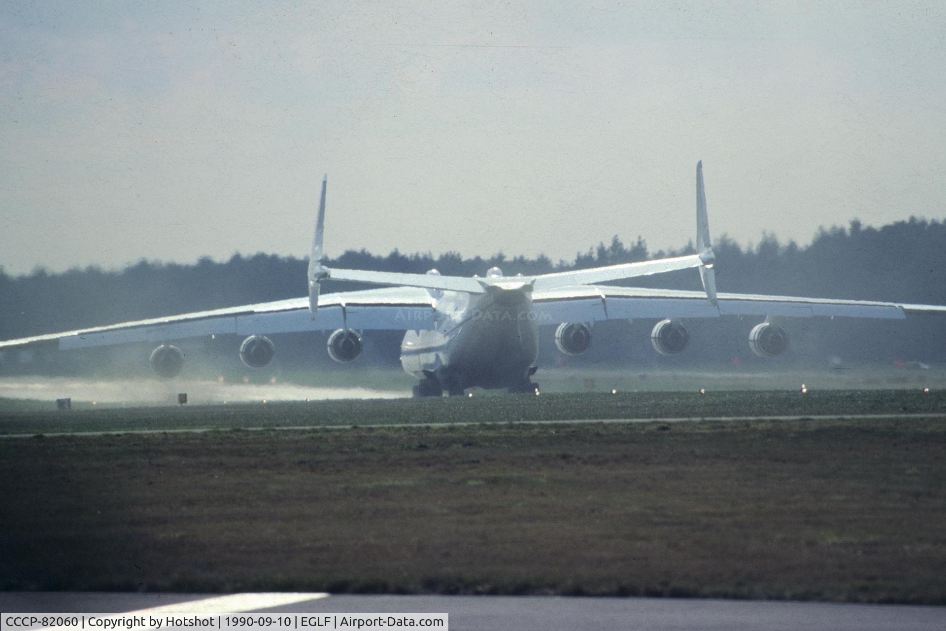 CCCP-82060, 1988 Antonov An-225 Mriya C/N 19530503763, Rollout after touchdown; a demonstration of wake turbulence due to the uplifted dirt from the grass strips