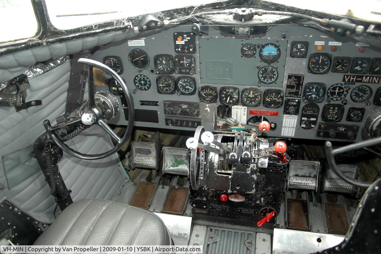 VH-MIN, 1942 Douglas DC3C-S1C3G (C-47A) C/N 13459, Cockpit of DC-3C at the Australian Aviation museum at Bankstown airport, NSW, 2009