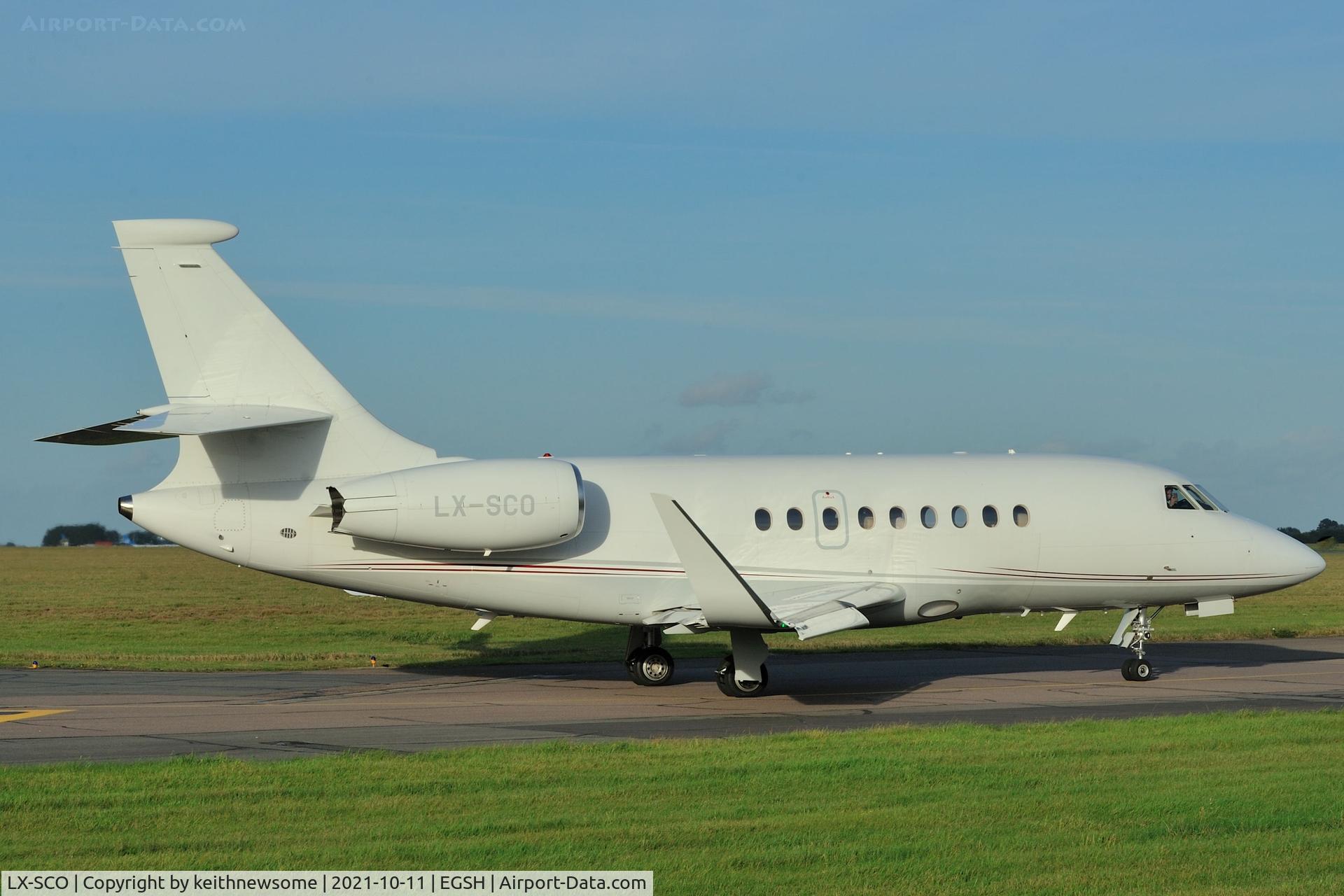 LX-SCO, Dassault Falcon 2000LX C/N 111, Leaving Norwich.