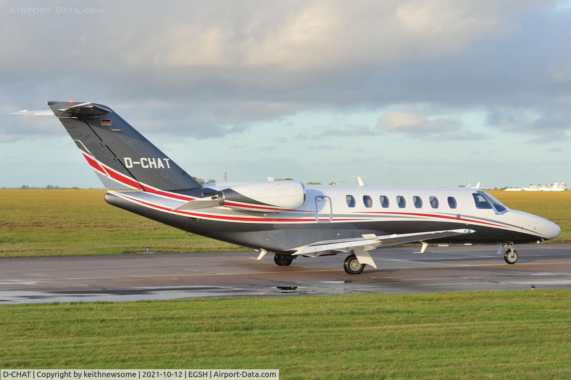 D-CHAT, Cessna 525B CitationJet CJ3+ C/N 525B0640, Leaving Norwich for Brussels.