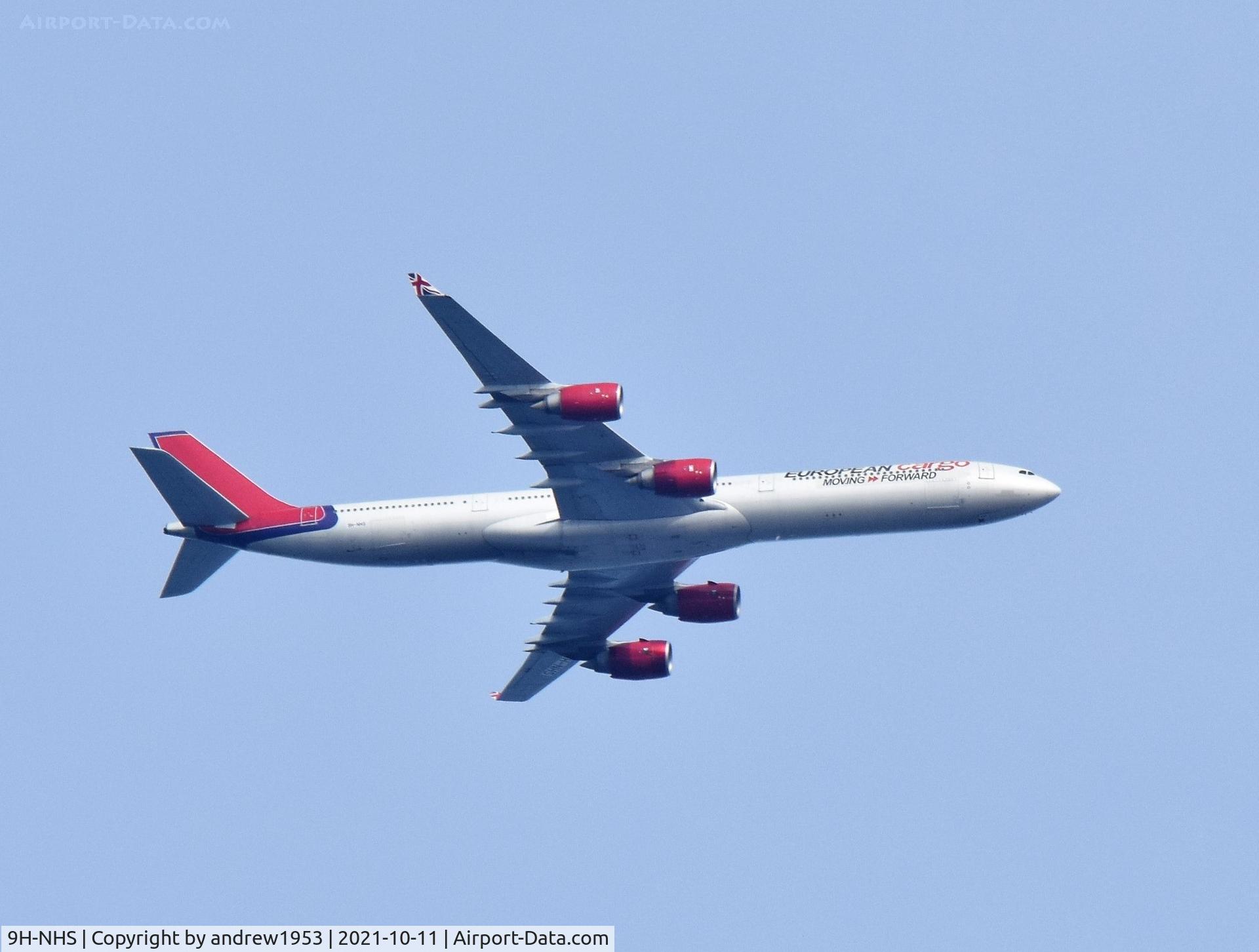 9H-NHS, 2006 Airbus A340-642 C/N 736, 9H-NHS over the Bristol Channel.