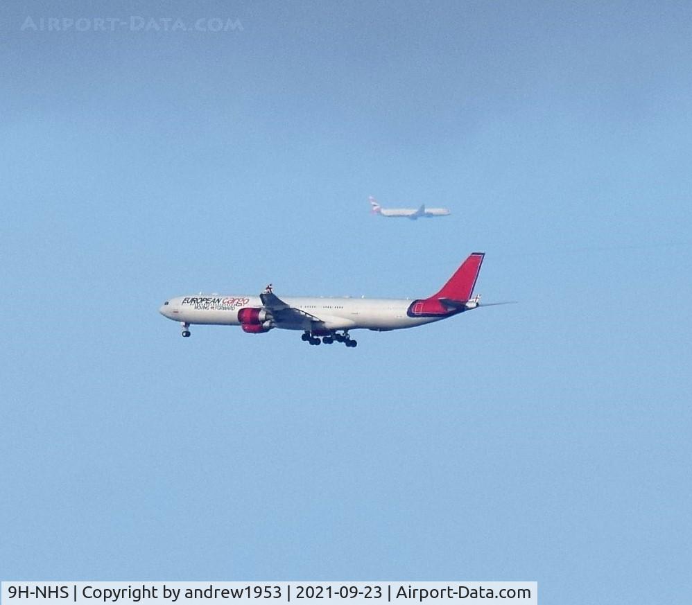 9H-NHS, 2006 Airbus A340-642 C/N 736, 9H-NHS over the Bristol Channel.