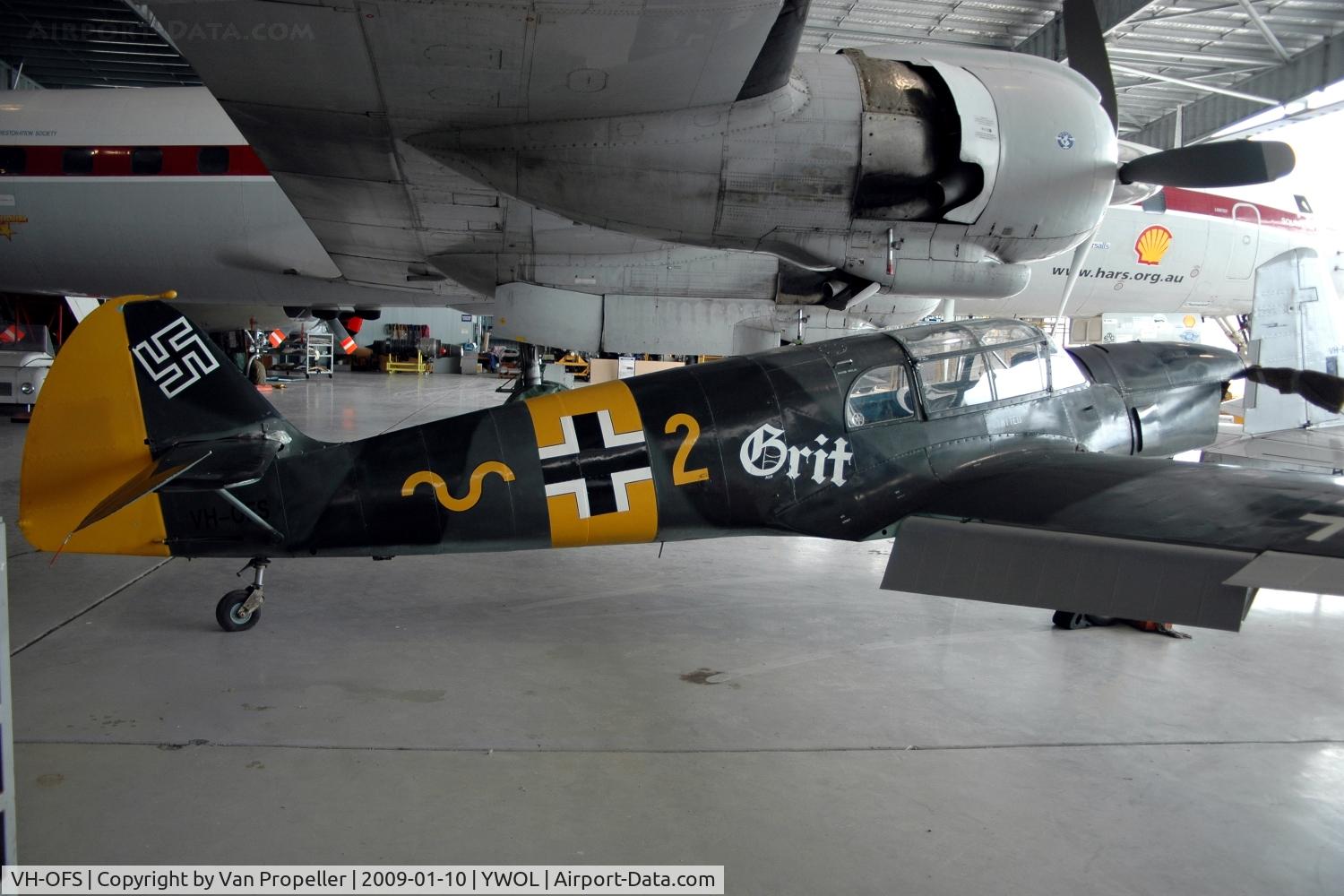 VH-OFS, 1951 Nord 1002 Pingouin II C/N 285, Nord 1002 Pingouin II under the wing of the HARS Super Constellation in its hangar at Albion Park / Wollongong airport, NSW, Australia, 2009