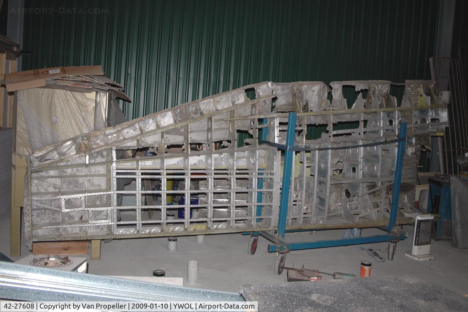 42-27608, 1942 Republic P-47D-23-RA Thunderbolt C/N 1270, The wing of P-47D under restoration by HARS at Albion Park/Wollongong airport, NSW, Australia, 2009