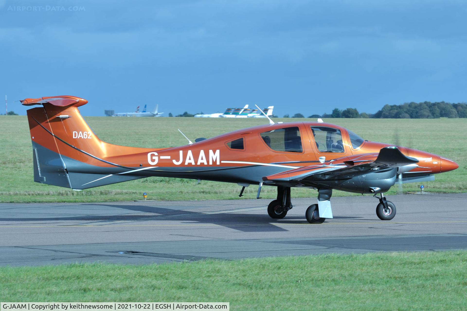 G-JAAM, 2021 Diamond DA-62 C/N 62.156, Leaving Norwich for Isle of Man.