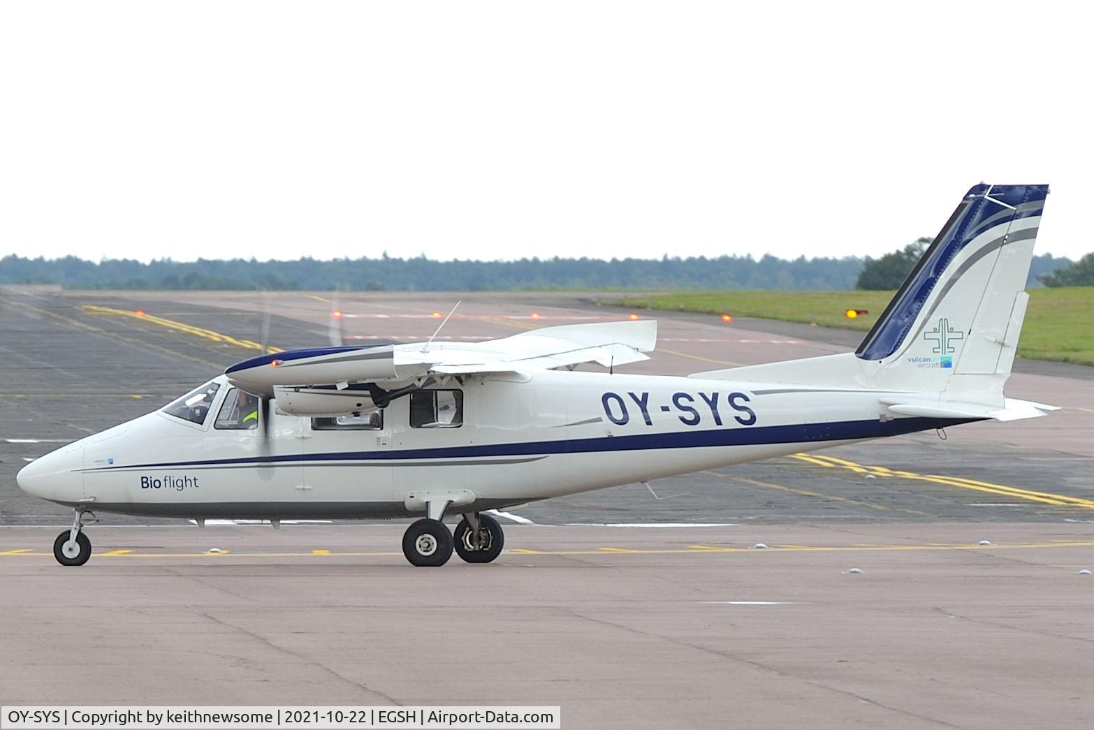 OY-SYS, Vulcanair P-68C C/N 506/C, Arriving at Norwich.