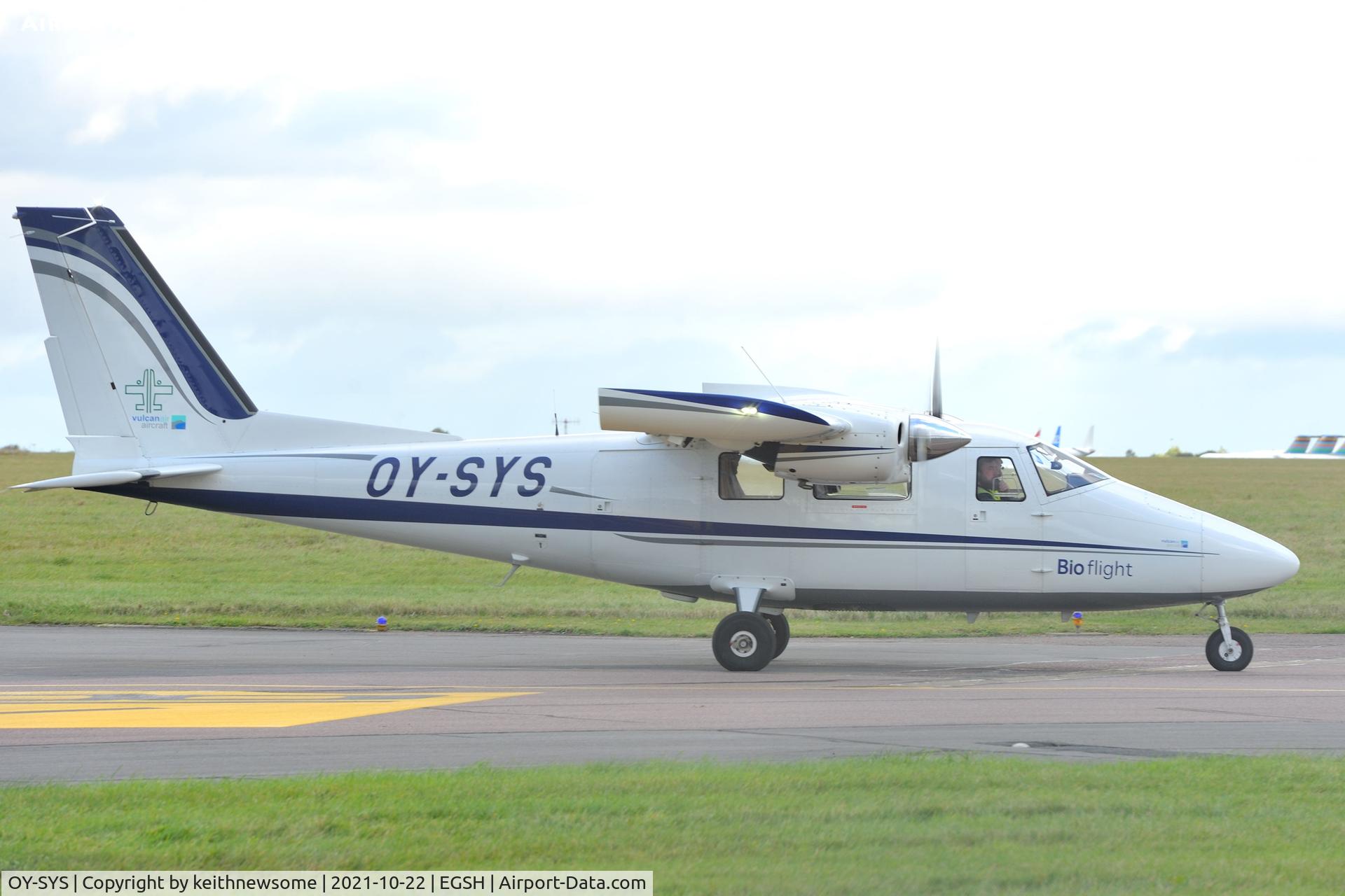 OY-SYS, Vulcanair P-68C C/N 506/C, Leaving Norwich.