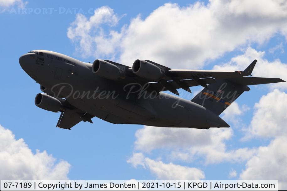 07-7189, 2007 Boeing C-17A Globemaster III C/N P-189, The C-17 Globemaster III departs Runway 4 at Punta Gorda Airport to take the US Special Operations Command Para-Commandos up for the opening ceremonies of the Florida International Air Show