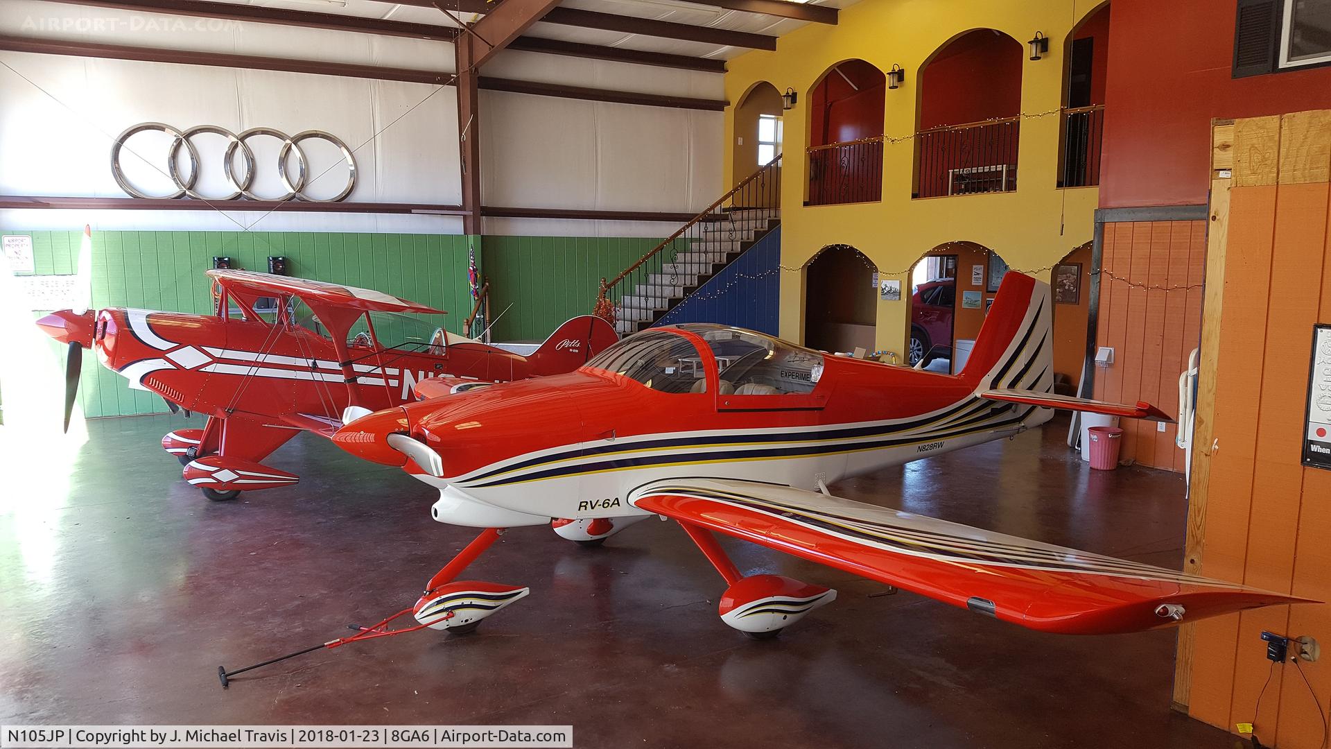N105JP, 1988 Pitts S-2B Special C/N 5150, N828RW and N105JP in hangar at 8GA6