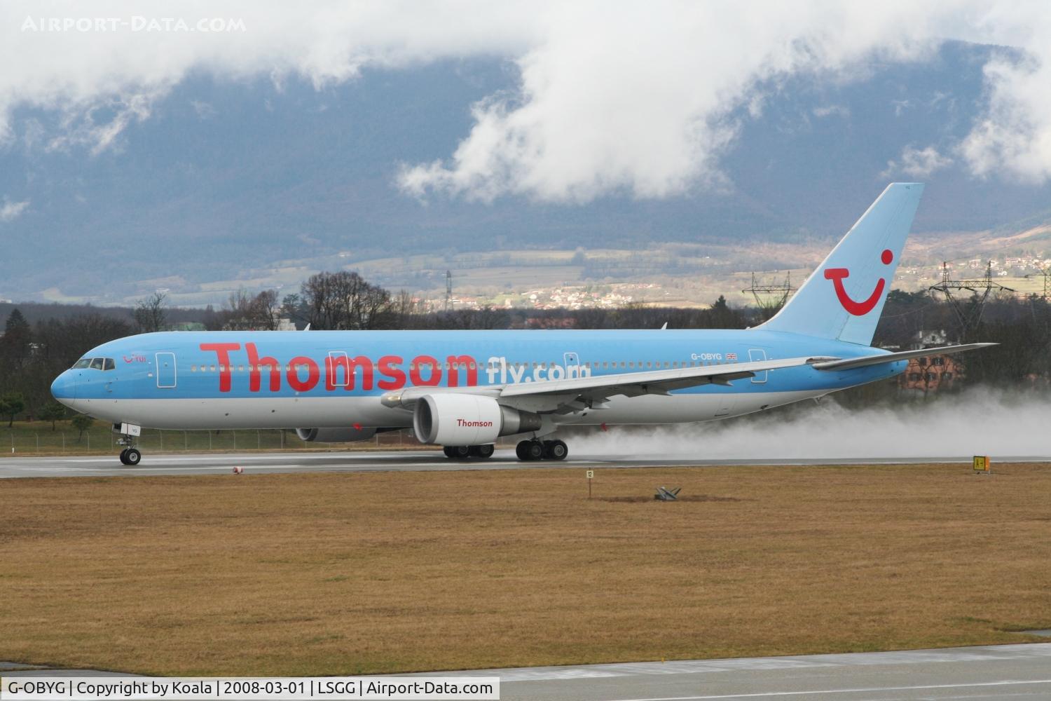 G-OBYG, 1999 Boeing 767-304 C/N 29137, Old c/s Thomson. Powerful departure.