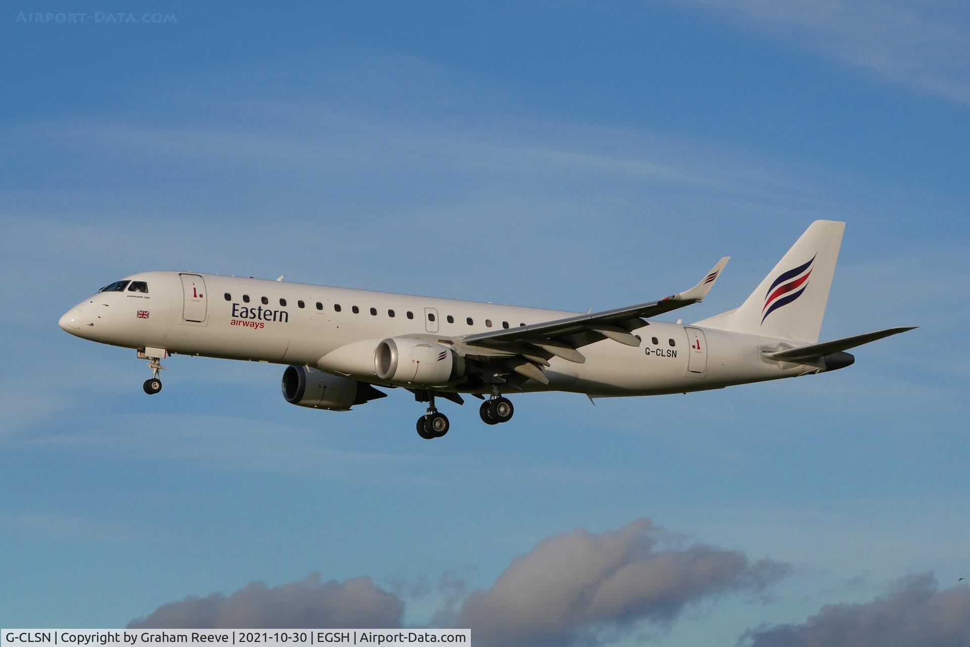 G-CLSN, 2007 Embraer 190LR (ERJ-190-100LR) C/N 19000130, Landing at Norwich.