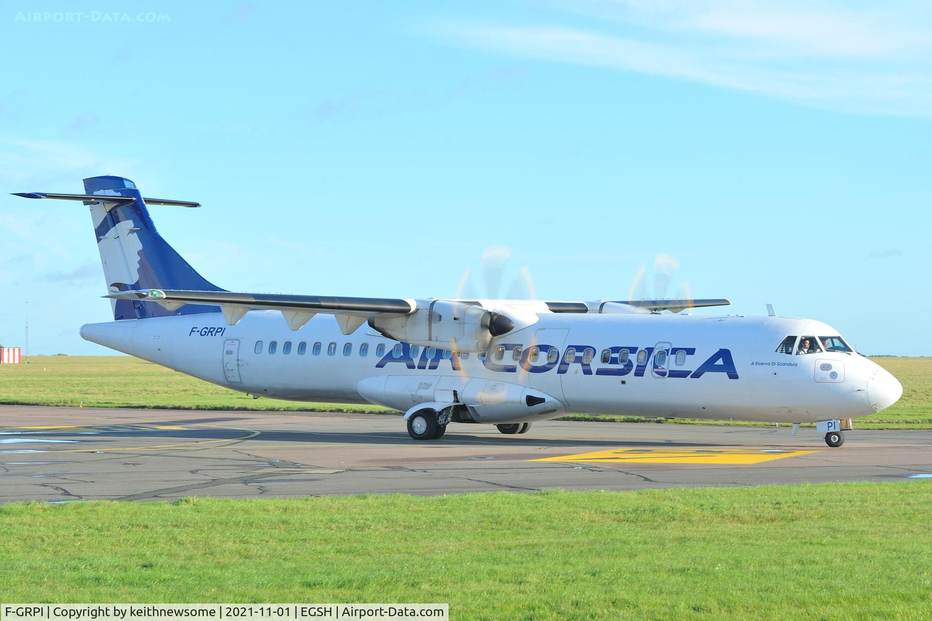 F-GRPI, 2005 ATR 72-212A C/N 722, Arriving at Norwich from Corsica, for paintwork.