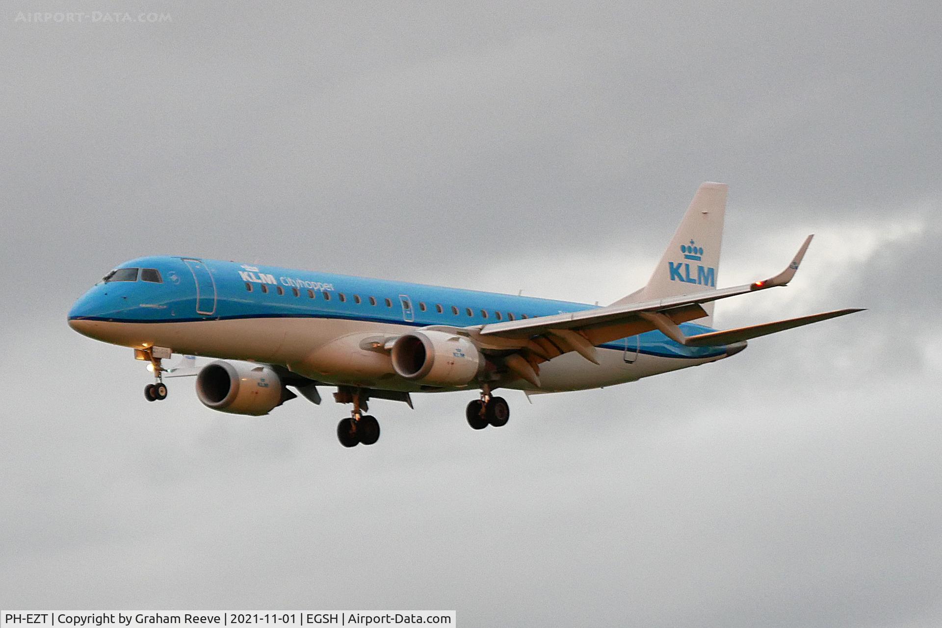 PH-EZT, 2012 Embraer 190LR (ERJ-190-100LR) C/N 19000519, Landing at Norwich.