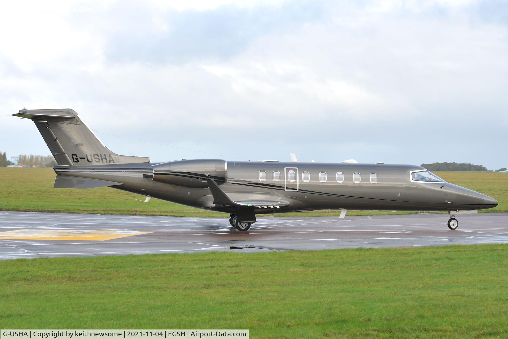 G-USHA, 2016 Learjet 75 C/N 45-535, Leaving Norwich for Isle of Man.