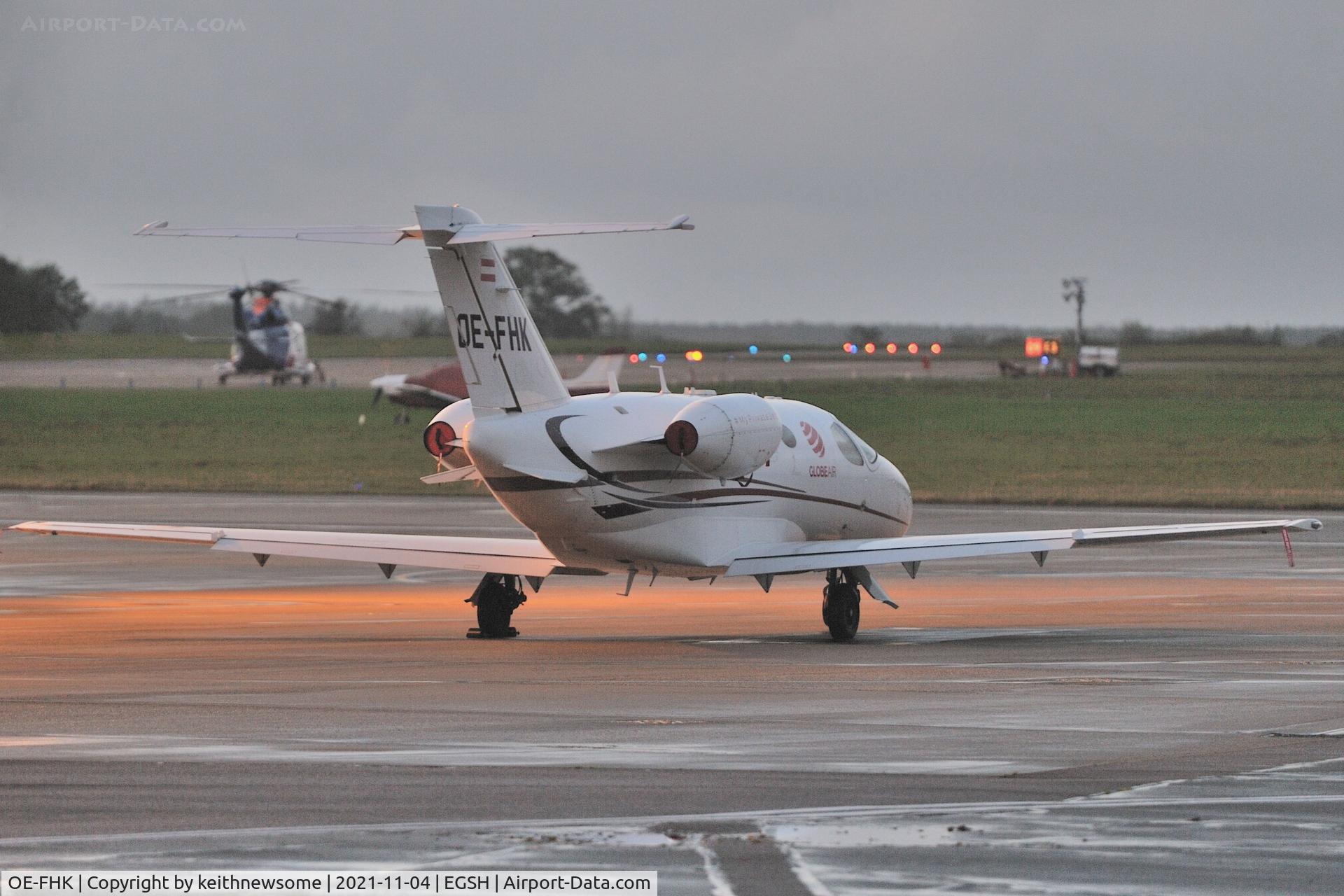 OE-FHK, 2010 Cessna 510 Citation Mustang Citation Mustang C/N 510-0315, Parked for the night at Norwich.