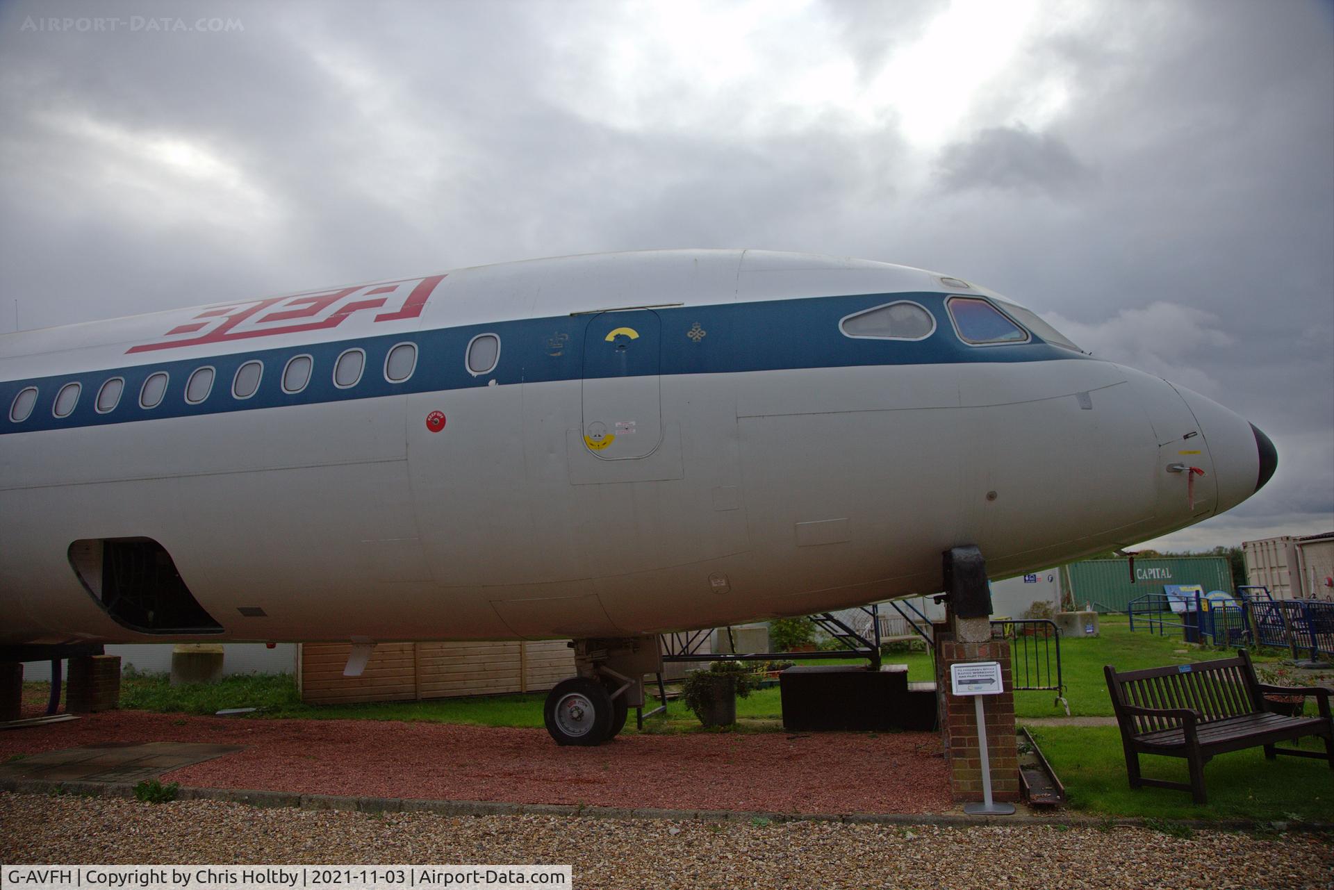 G-AVFH, 1971 Hawker Siddeley HS-121 Trident 2E C/N 2147, 1971 Trident 2E front half-fuselage preserved at the de Havilland Aircraft Museum, London Colney, Herts.