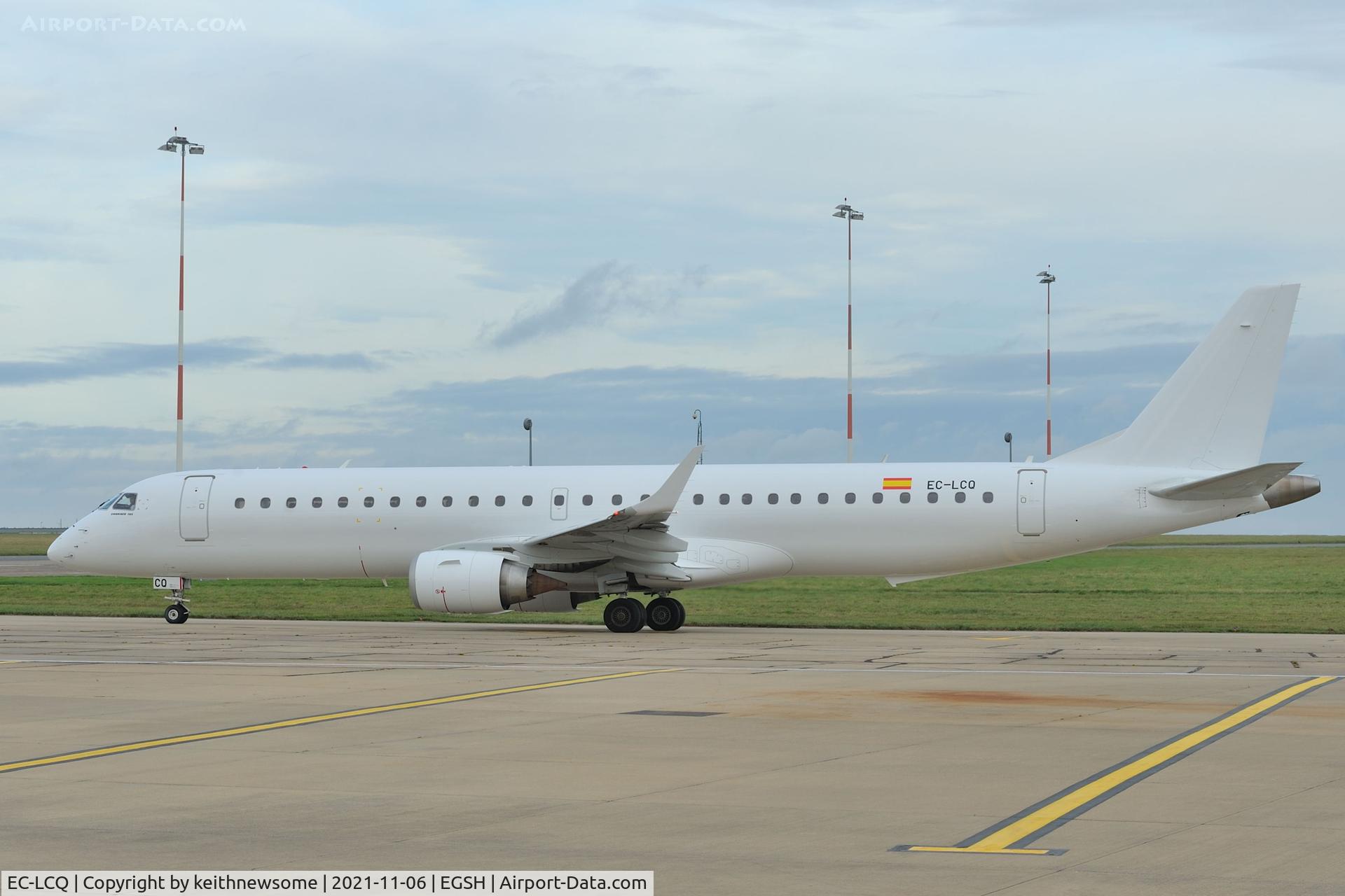 EC-LCQ, 2010 Embraer 195LR (ERJ-190-200LR) C/N 19000303, Leaving Norwich with all over white colour scheme.