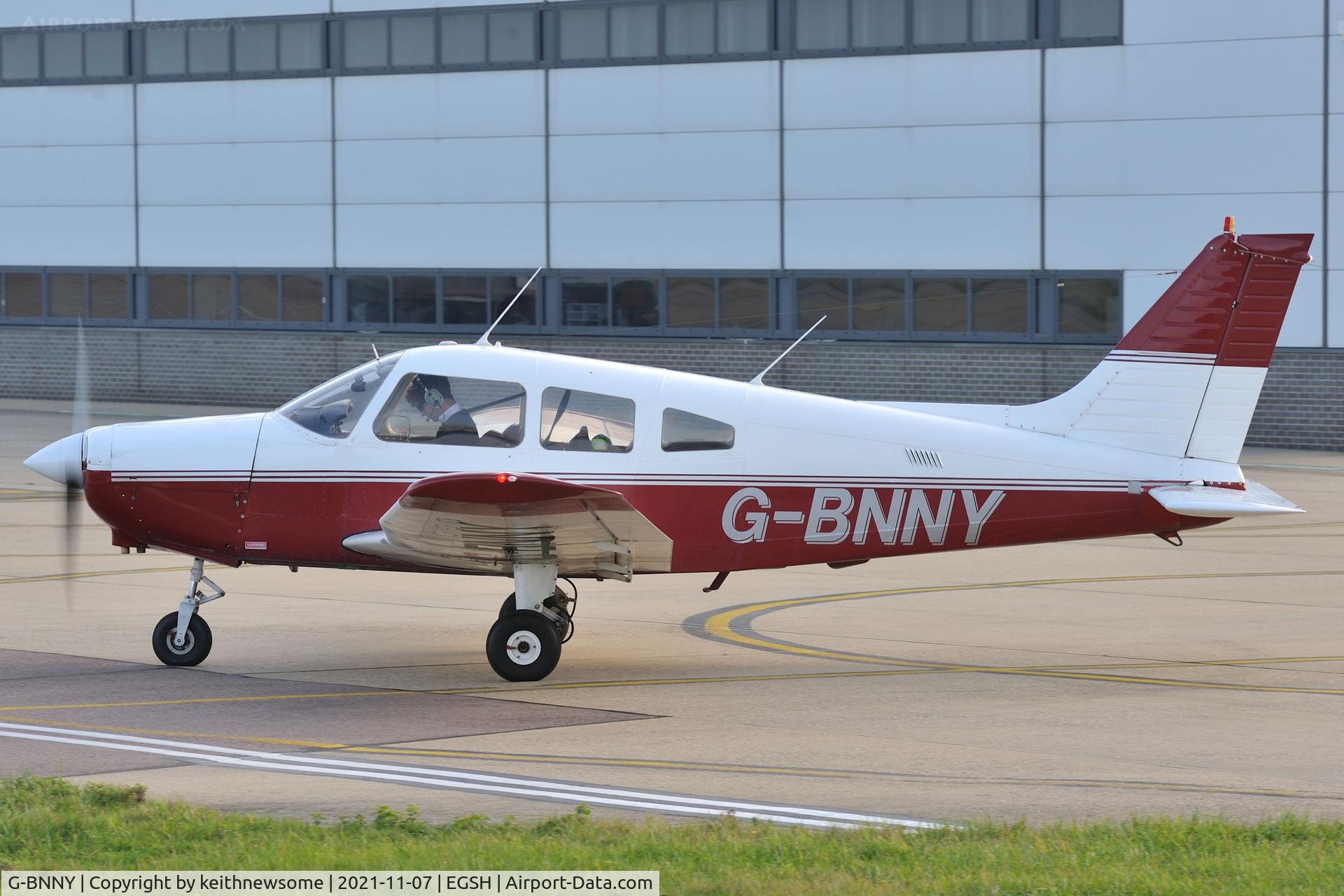G-BNNY, 1980 Piper PA-28-161 Cherokee Warrior II C/N 28-8016084, Leaving Norwich.