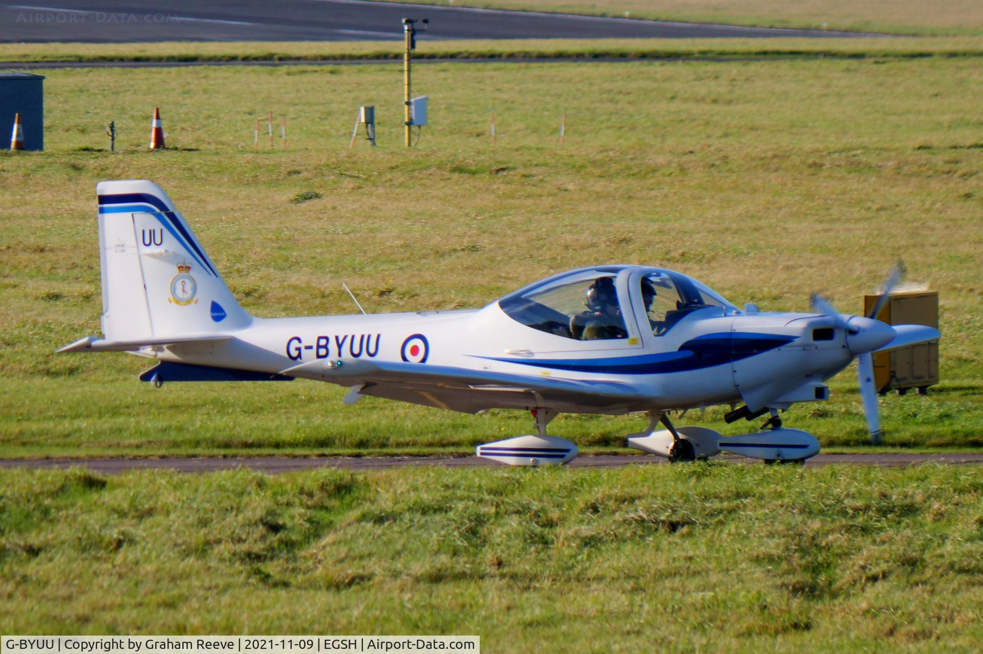 G-BYUU, 1999 Grob G-115E Tutor T1 C/N 82105/E, Departing from Norwich.