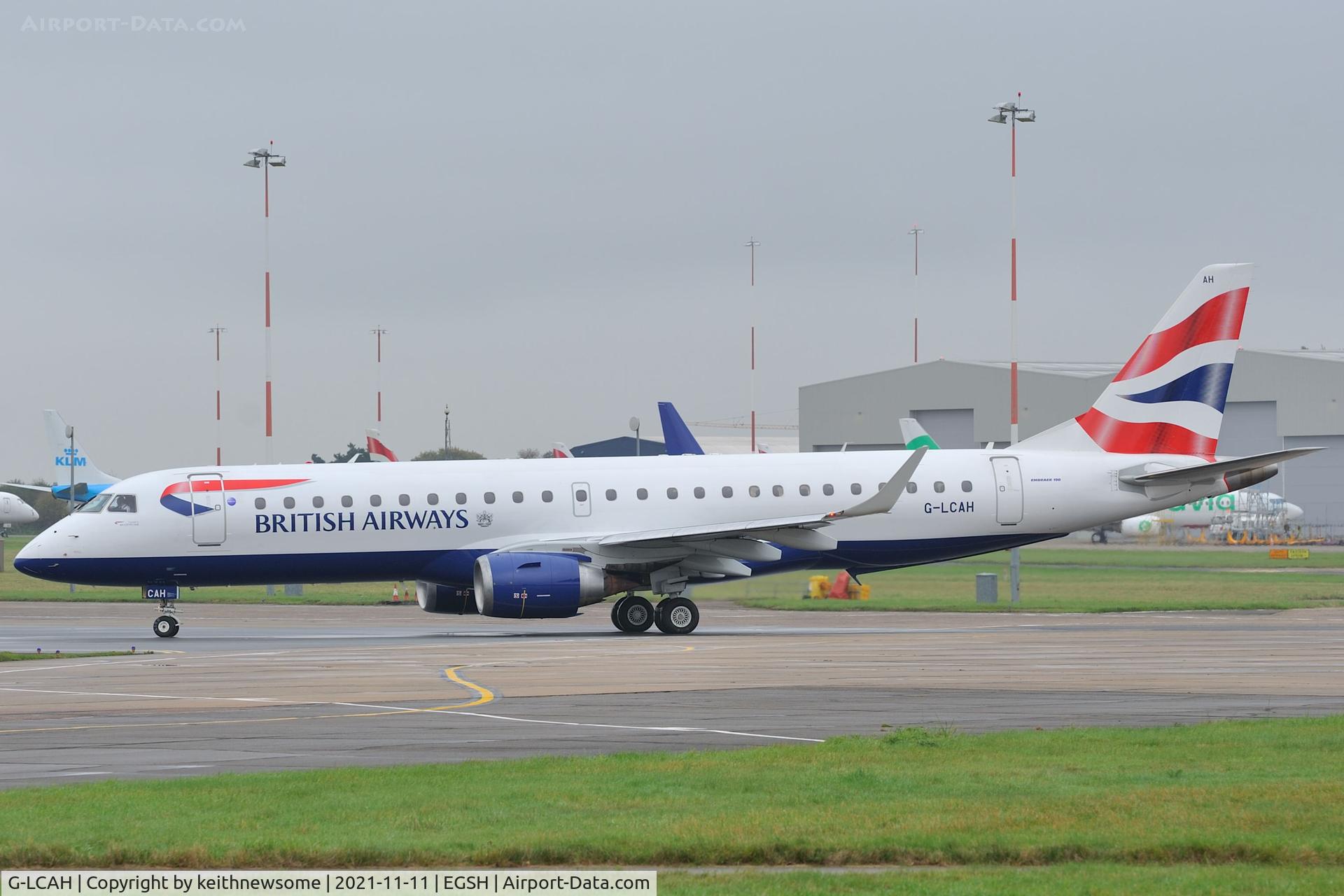 G-LCAH, 2012 Embraer 190LR (ERJ-190-100LR) C/N 19000564, Leaving Norwich for an air test.