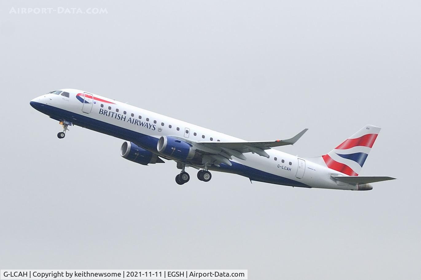 G-LCAH, 2012 Embraer 190LR (ERJ-190-100LR) C/N 19000564, Leaving Norwich for an air test.