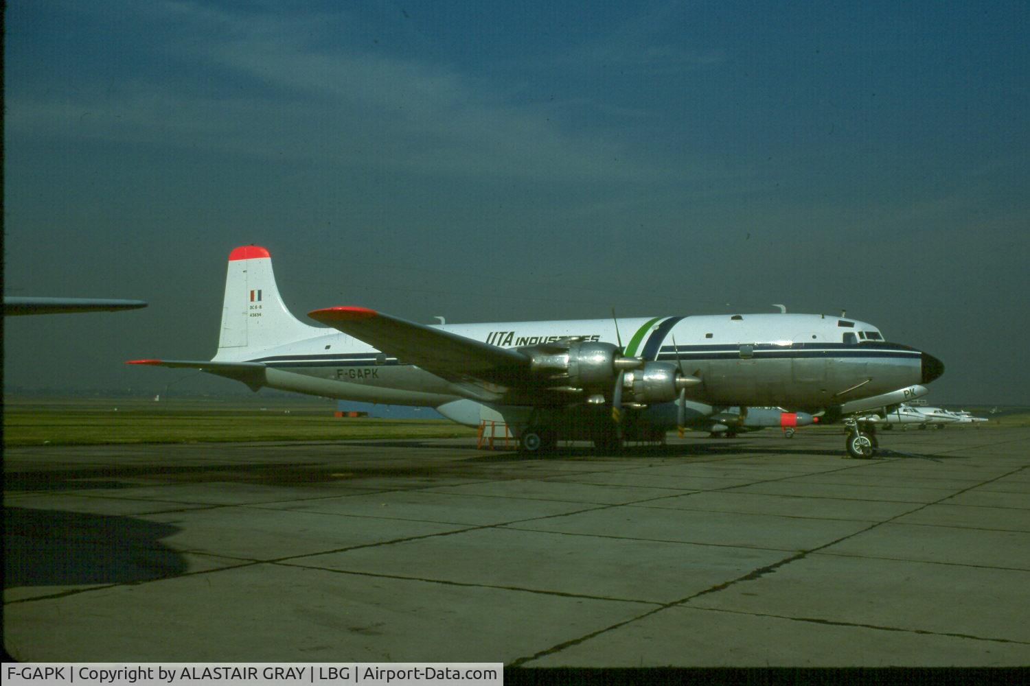 F-GAPK, 1953 Douglas DC-6B C/N 43834, Just completed its conversion from the French Air Force into a water bomber operated by UTA. 1977.