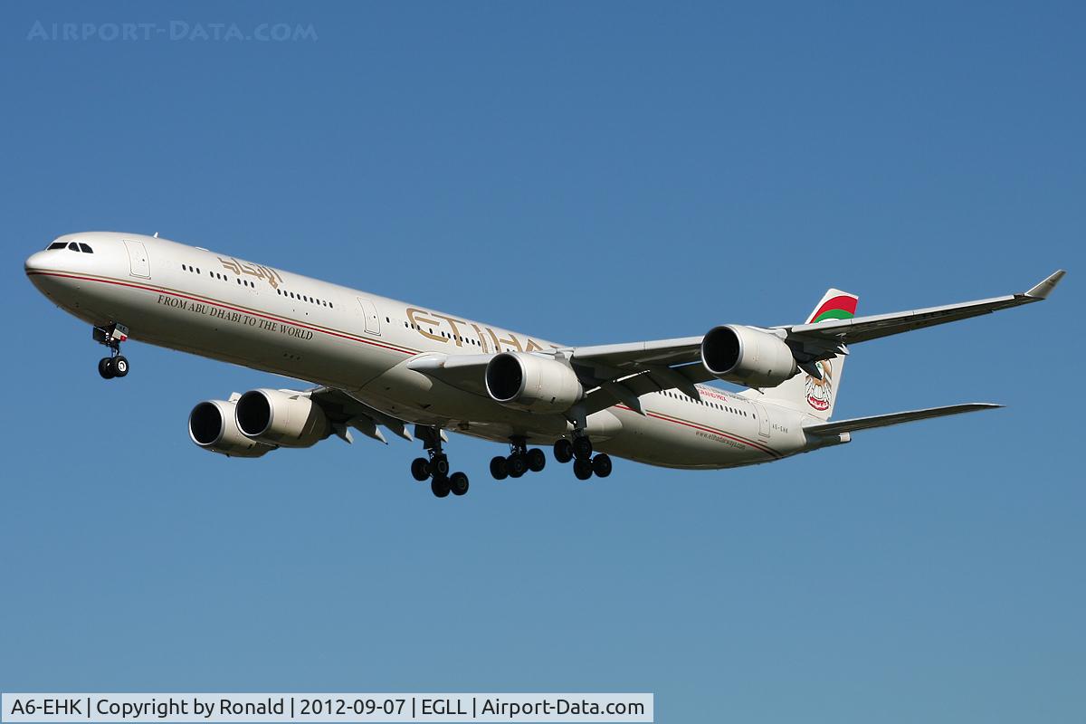 A6-EHK, 2009 Airbus A340-642X C/N 1030, at lhr