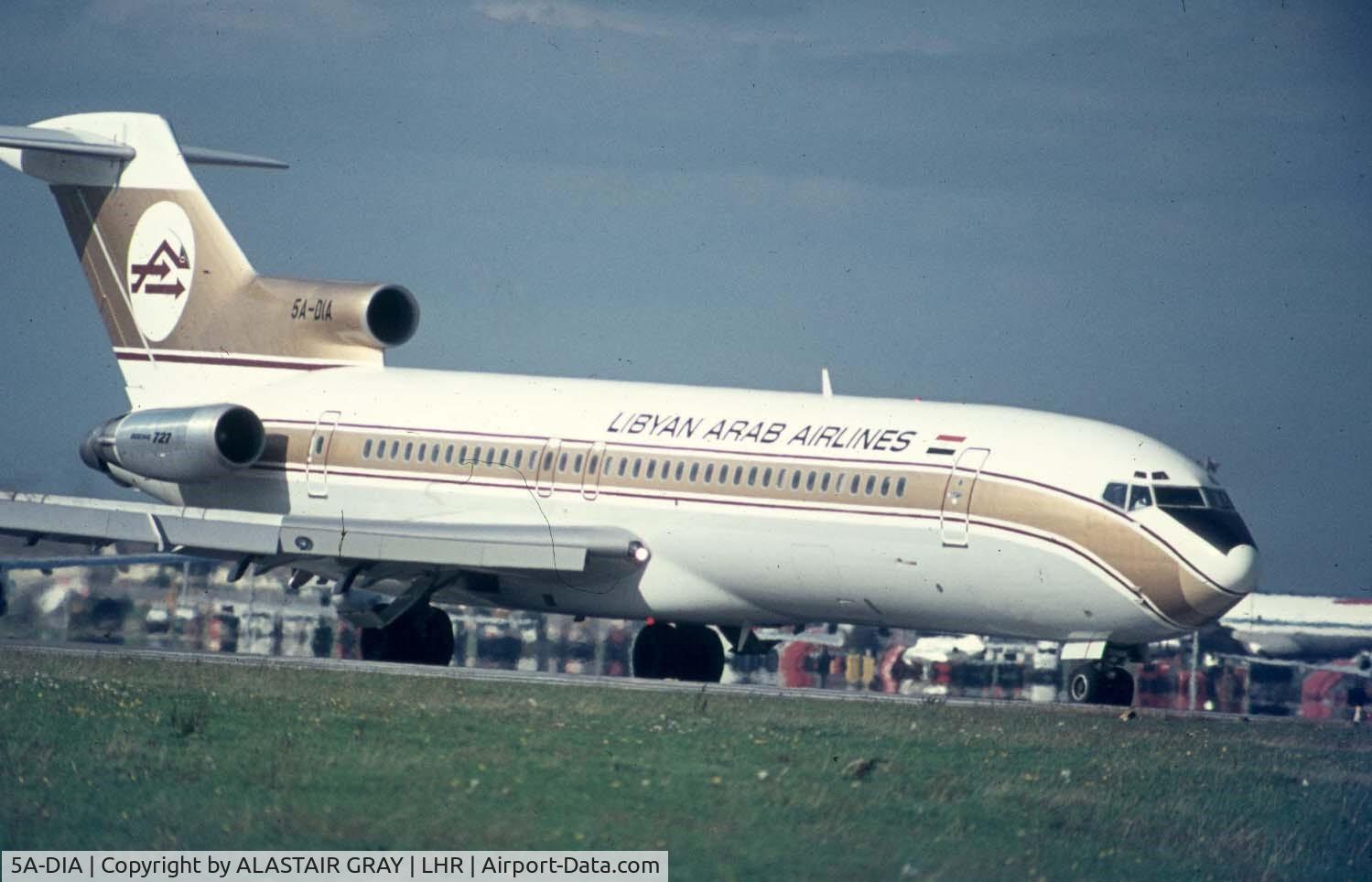5A-DIA, 1975 Boeing 727-2L5 C/N 21050, next in line for runway 27L at Heathrow