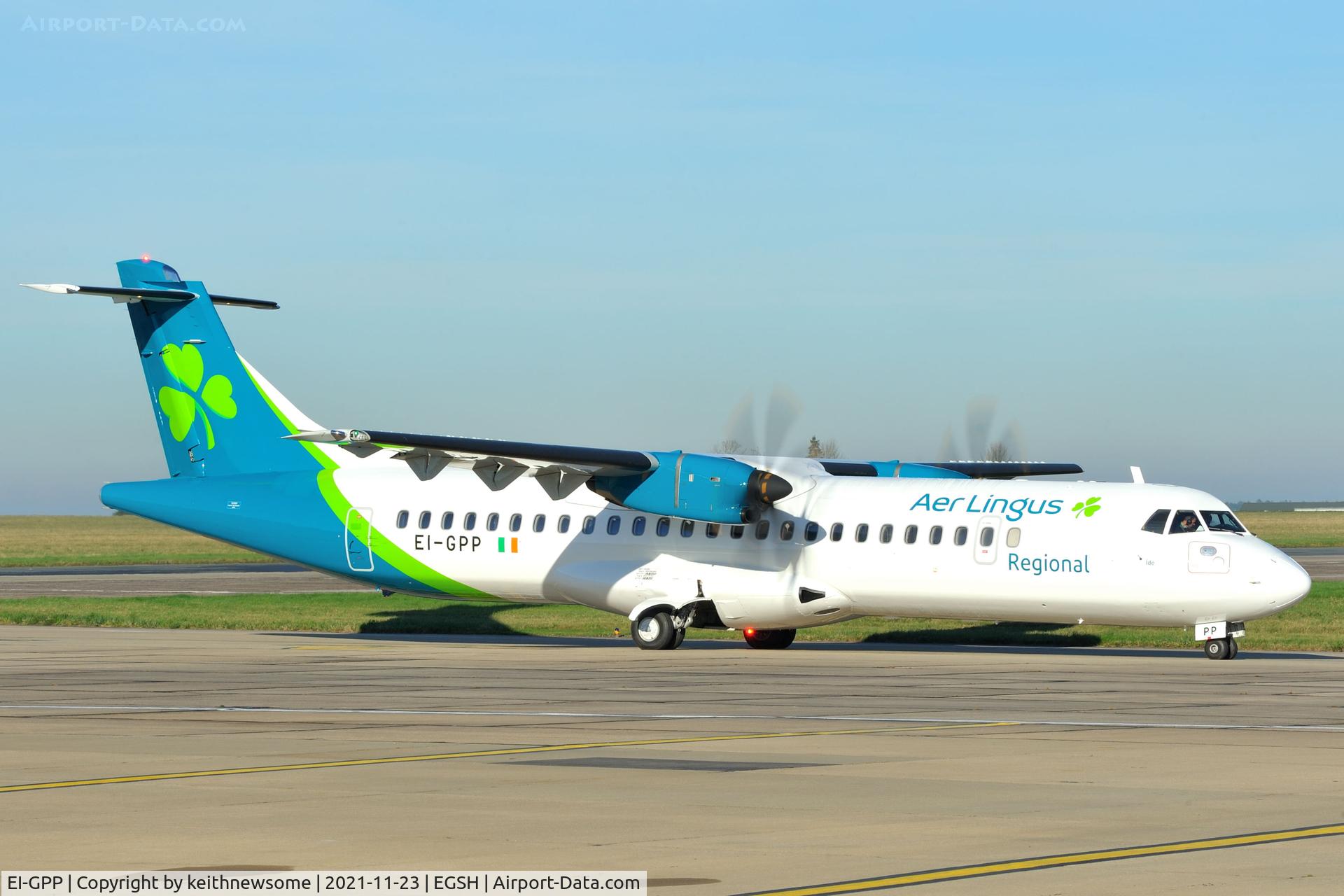 EI-GPP, 2016 ATR 72-212A C/N 1322, Leaving Norwich for Exeter following paintwork.