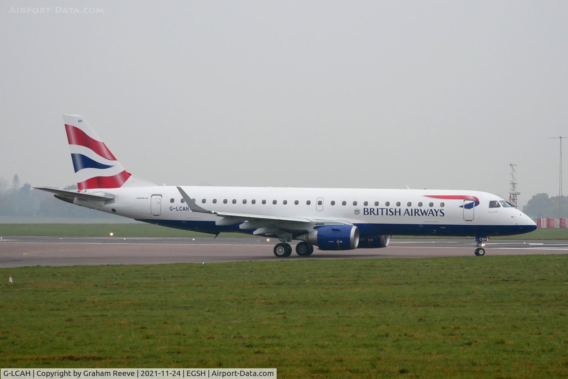 G-LCAH, 2012 Embraer 190LR (ERJ-190-100LR) C/N 19000564, Departing from Norwich.