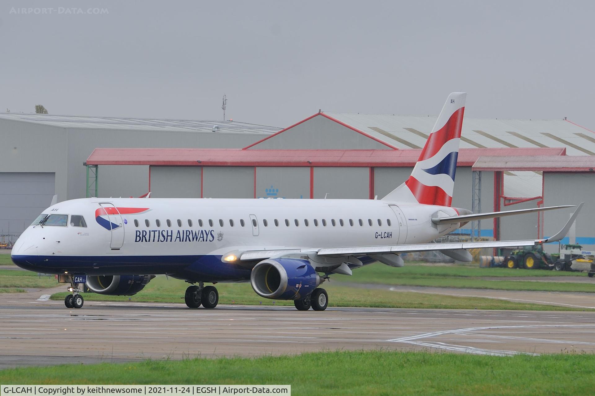 G-LCAH, 2012 Embraer ERJ 190-100SR C/N 19000564, Leaving Norwich for London City Airport.