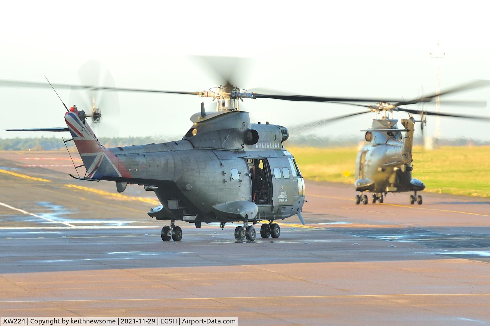 XW224, 1972 Westland Puma HC.2 C/N 1166, Leaving Norwich with ZJ955.