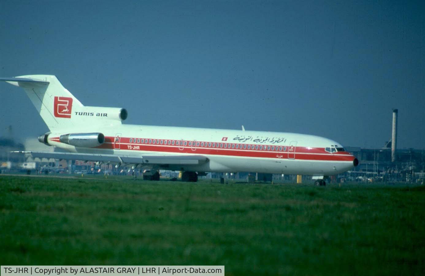 TS-JHR, 1975 Boeing 727-2H3 C/N 21179, taxiing down to runway 27R at Heathrow.