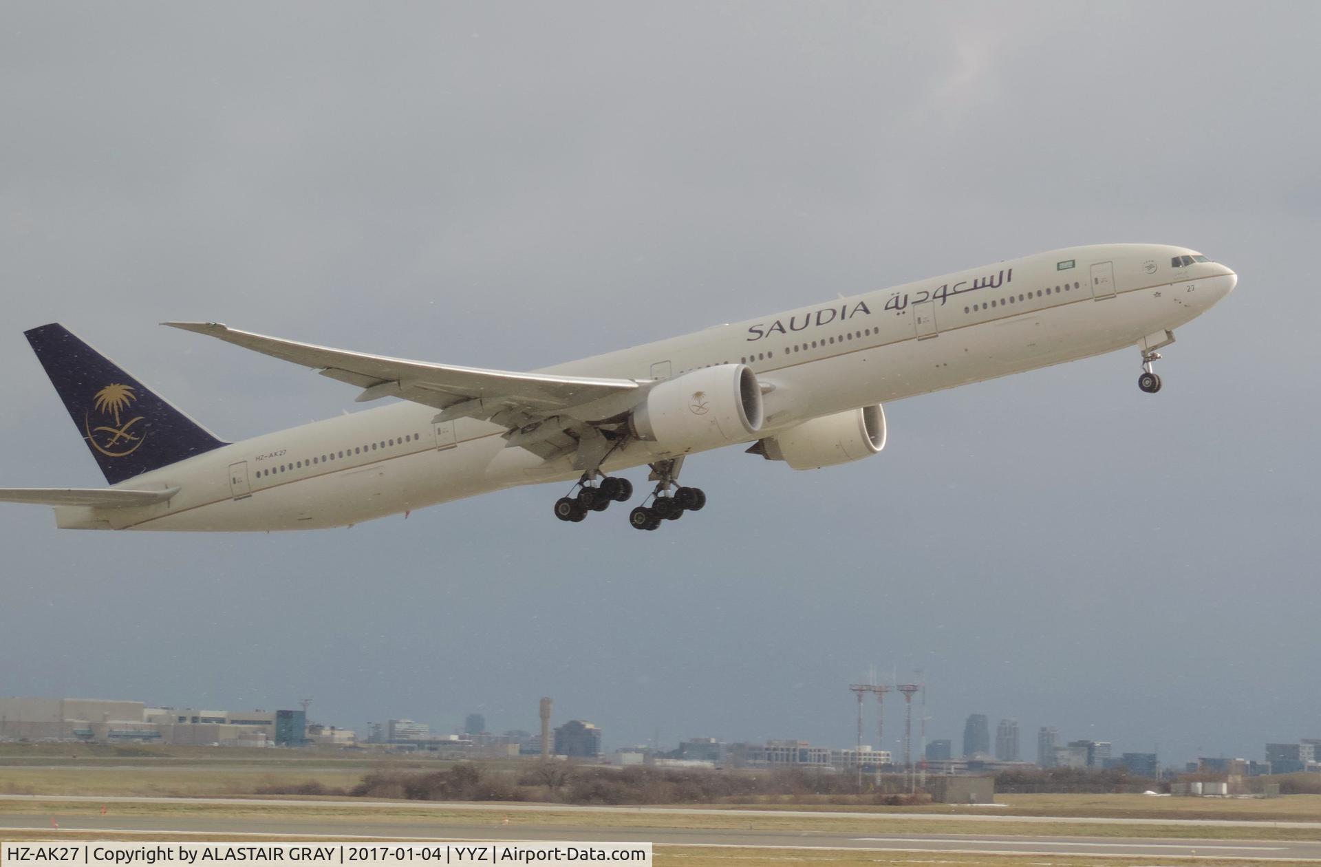 HZ-AK27, 2015 Boeing 777-368/ER C/N 42265, Lifting off early from runway 23