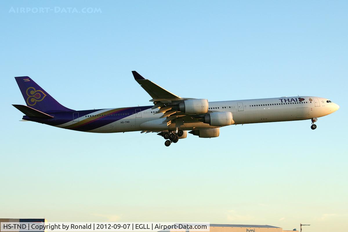 HS-TND, 2005 Airbus A340-642 C/N 710, at lhr