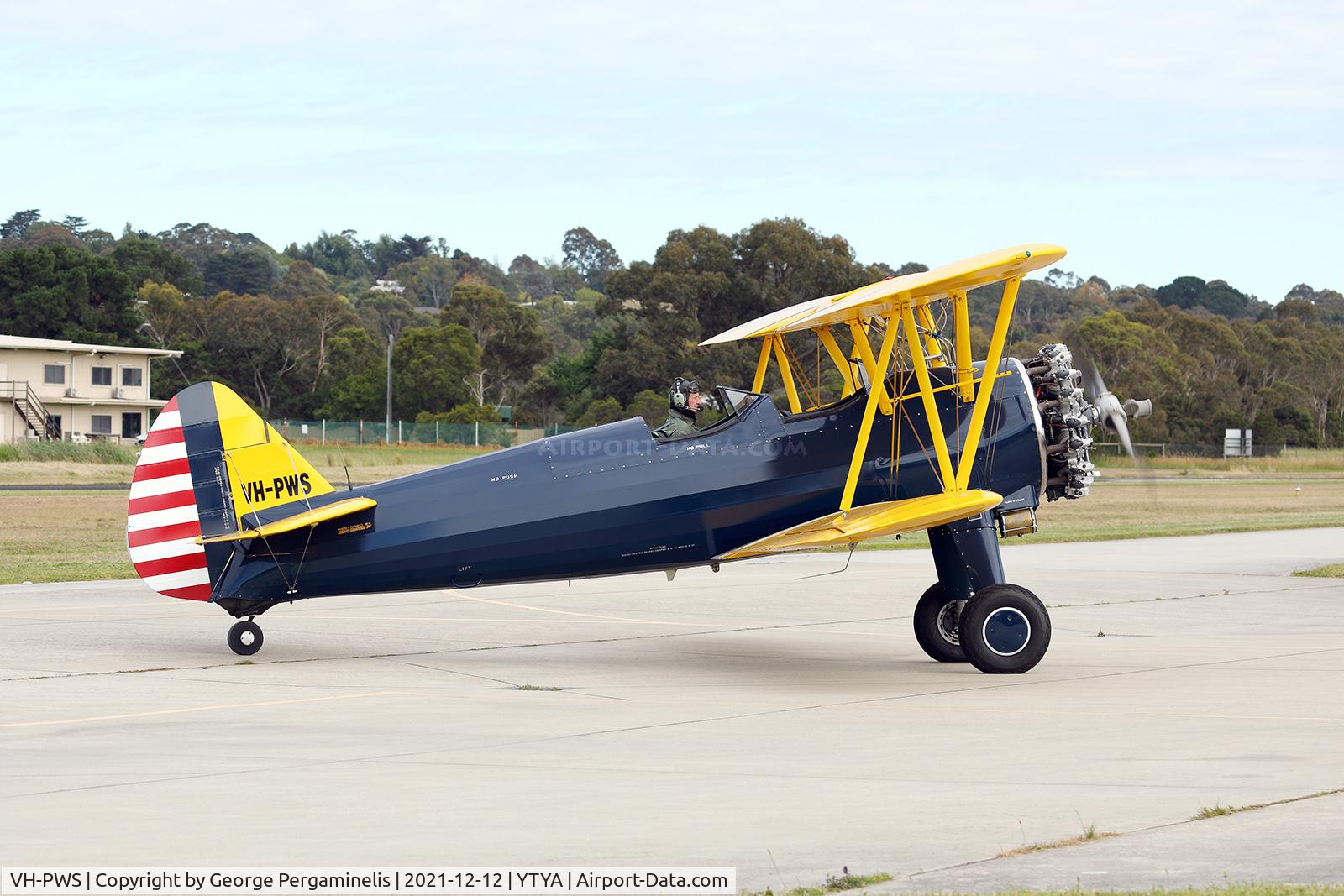 VH-PWS, 1943 Boeing B75N1 C/N 75-7462, Resident Kaydet which put on a short display during the Antique Aeroplane Ass'n of Australia Christmas Toy Run. This event collects and distributes donated toys to under-privileged children.