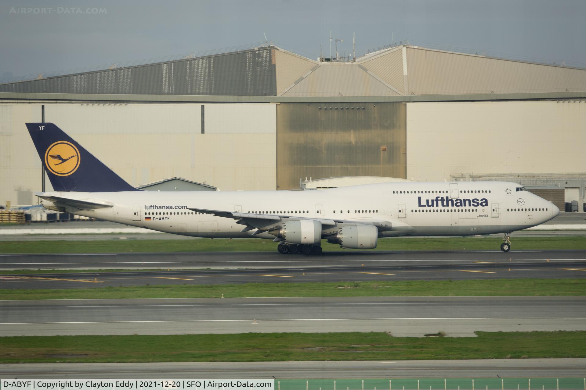 D-ABYF, 2012 Boeing 747-830 C/N 37830, Pic taken from SkyTerrace. Departing runway 10 SFO 2021.