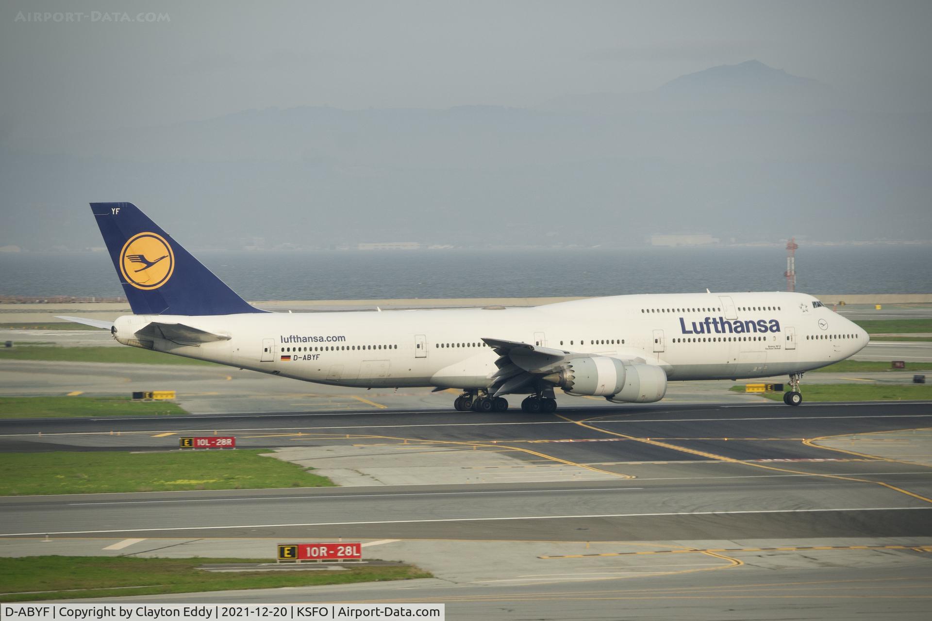 D-ABYF, 2012 Boeing 747-830 C/N 37830, Pic taken from SkyTerrace. Departing runway 10 SFO 2021.