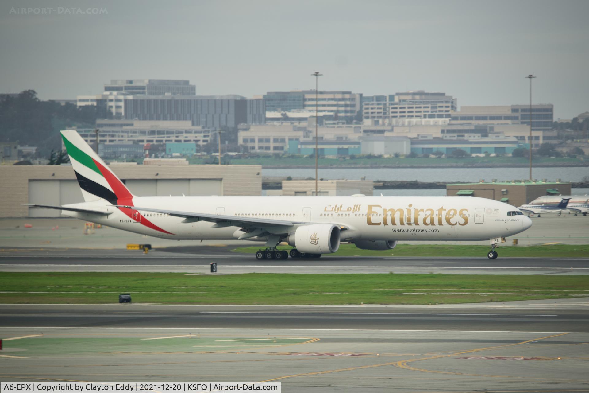 A6-EPX, 2016 Boeing 777-31H/ER C/N 42343, Pic taken from SkyTerrace departing runway10 SFO 2021.