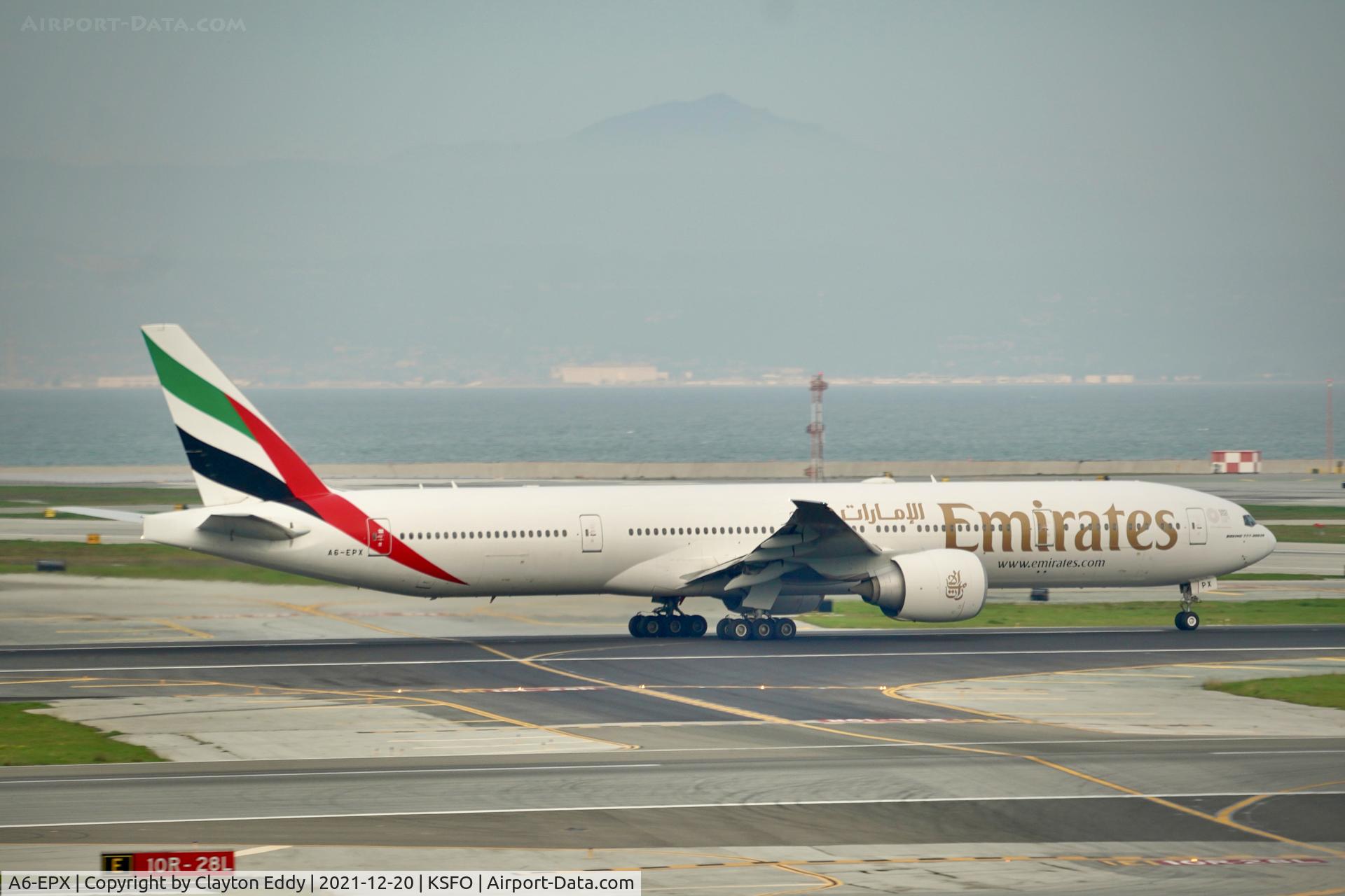 A6-EPX, 2016 Boeing 777-31H/ER C/N 42343, Pic taken from SkyTerrace departing runway10 SFO 2021.