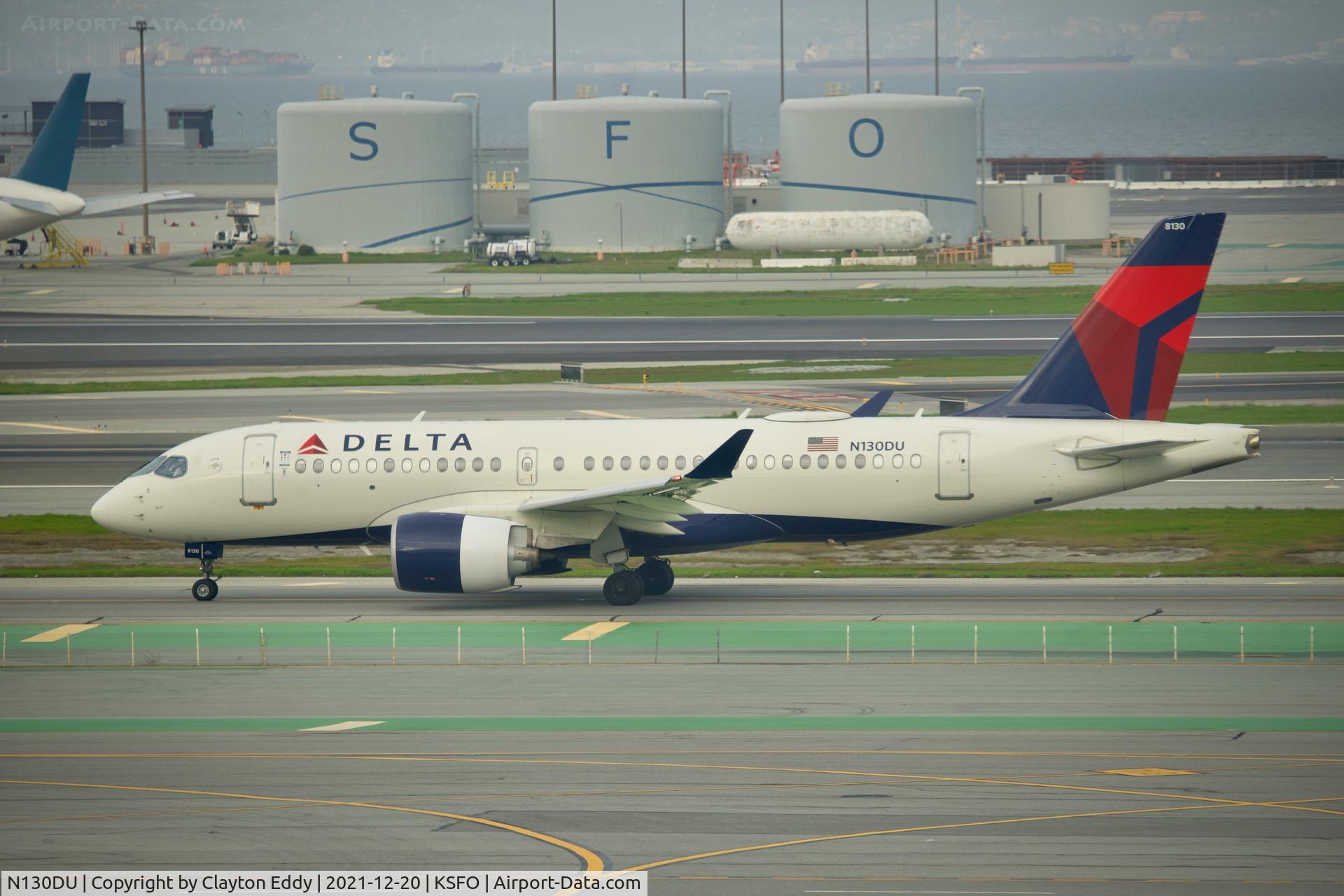 N130DU, 2020 Airbus A220-100 C/N 50049, Pic taken from SkyTerrace SFO 2021.